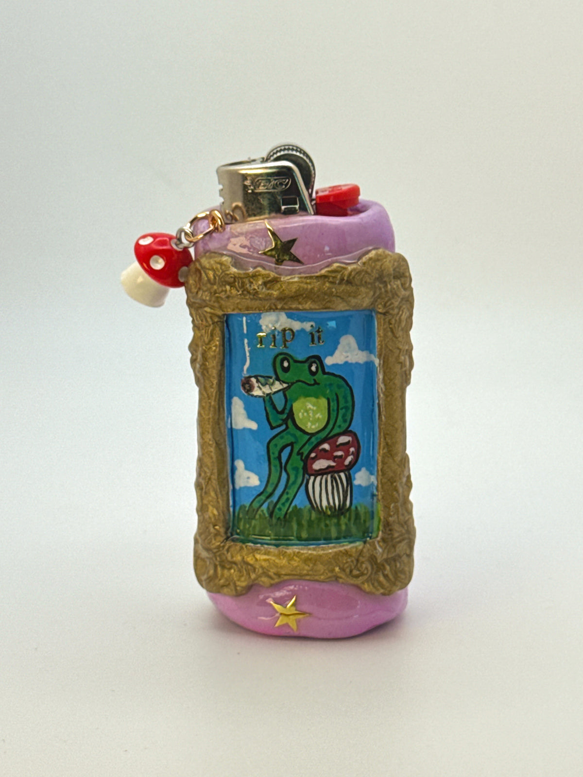 Vintage Frame Rip It Frog Case with charm| Fits Standard Bic | Handmade Polymer Clay Art
