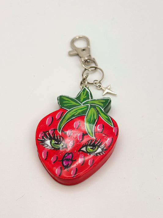 Sassy Strawberry Keychain — Hand-Painted Strawberry Face Charm