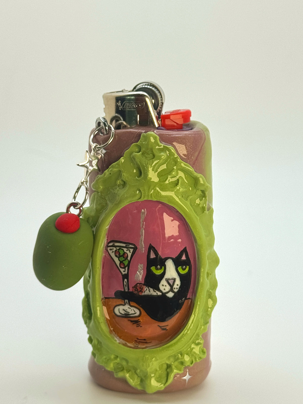Vintage Frame Martini Kitty Case with charm| Fits Standard Bic | Handmade Polymer Clay Art