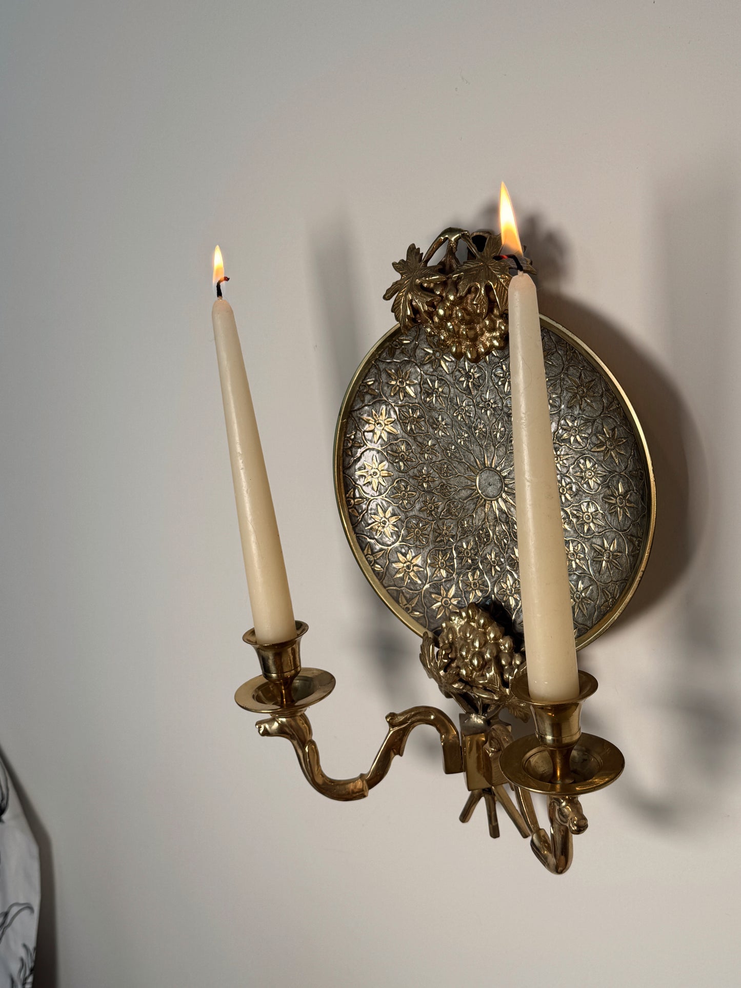 Vintage Solid Brass Wall Sconces Made in India– Grape & Vine Motif – Heavy – Set of 2