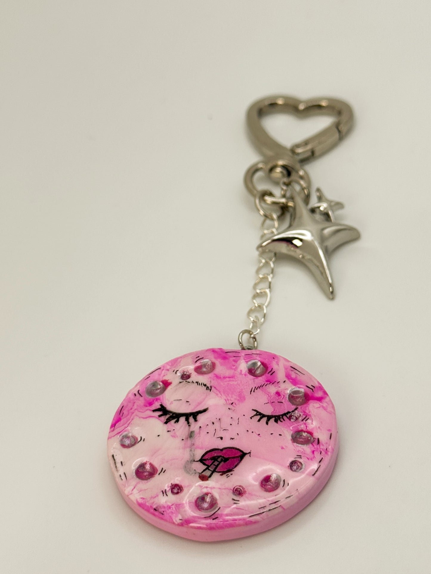 Smoking Moon Keychain – Hand-Painted Polymer Clay Celestial Bag Charm