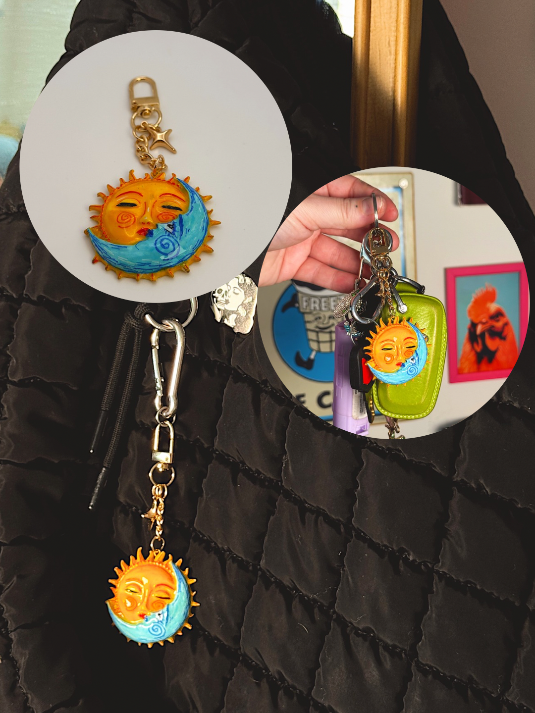 Sun & Moon Bag Charm – Hand-Painted Celestial Keychain with Gold Hardware