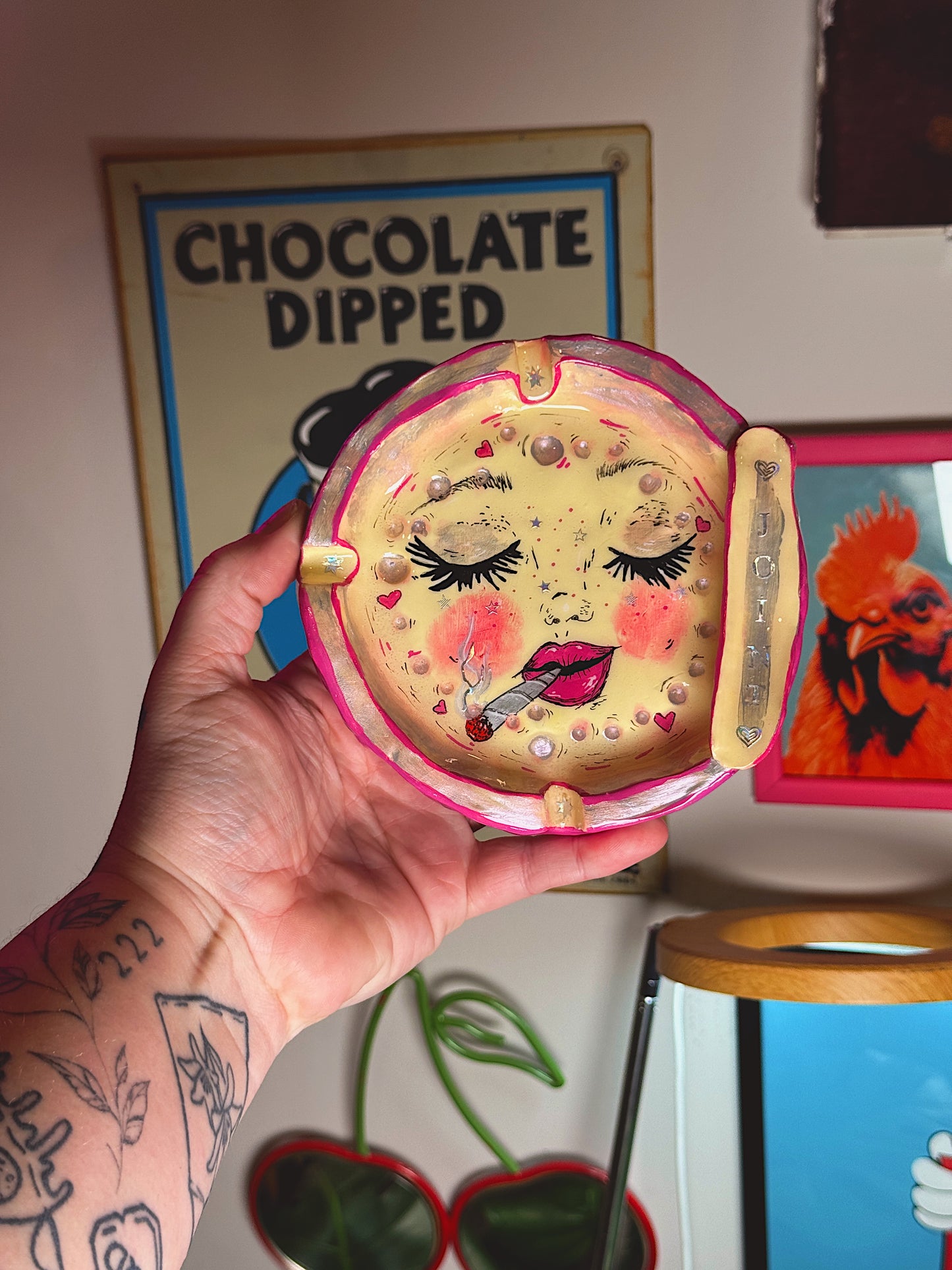 Pink Smoking Moon Ashtray – Hand-Painted Celestial Moon Dish (5.5”)