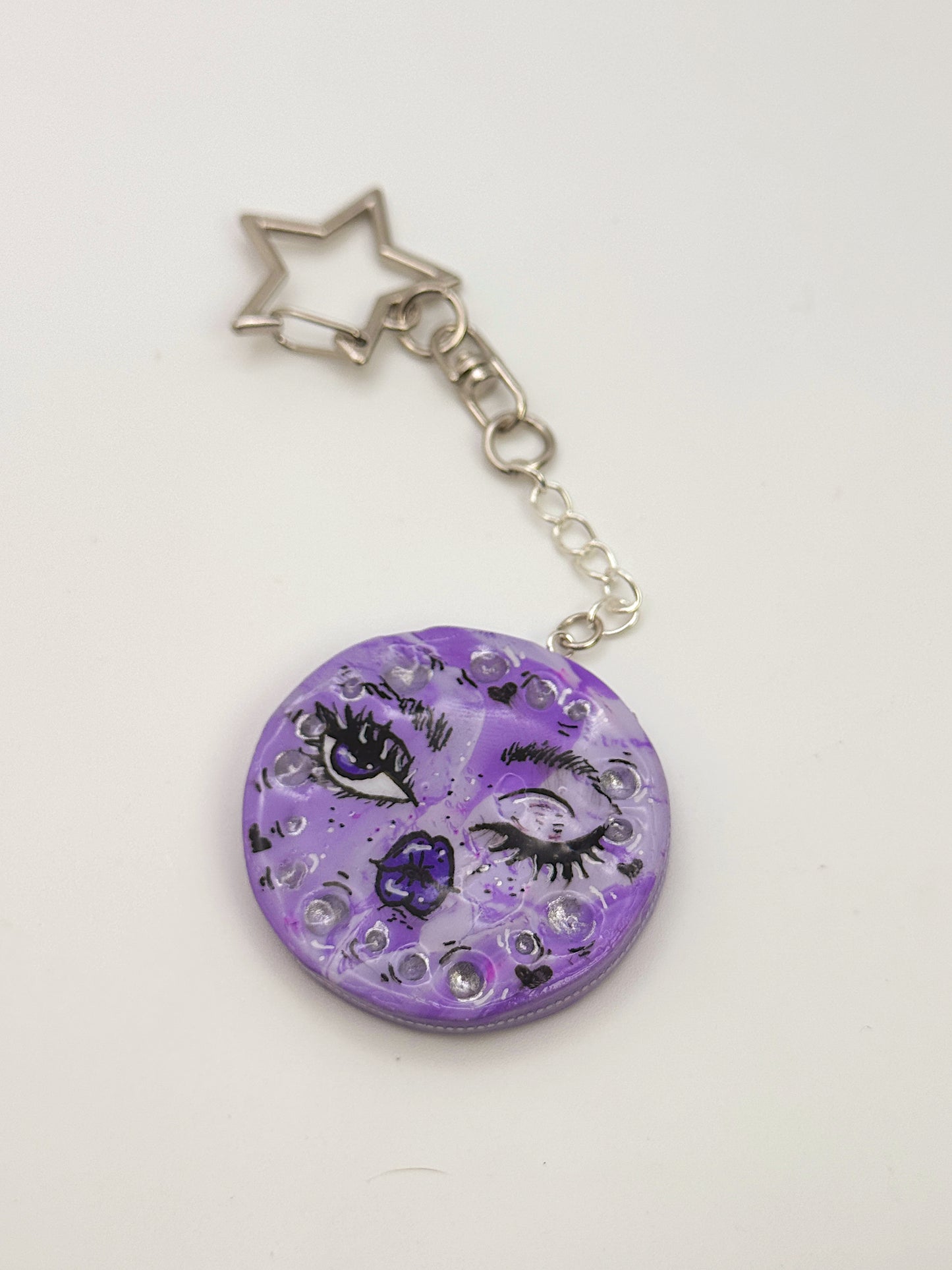 Winking Moon Keychain & Bag Charm – Hand-Painted Celestial Charm with Star Clip