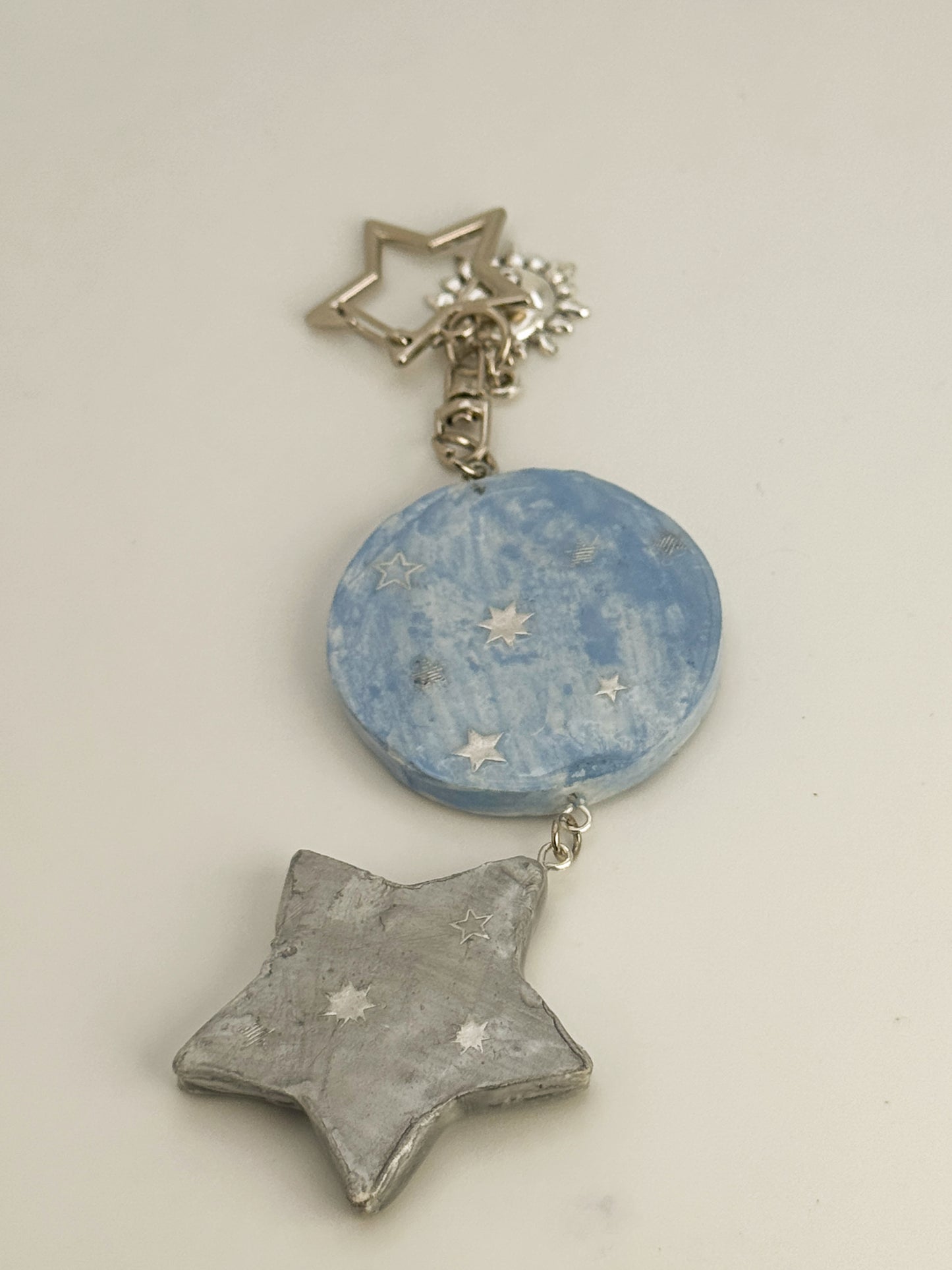 Sad Girl Moon & Star Duo Keychain – Polymer Clay Bag Charm – Hand Painted Celestial Moon Charm