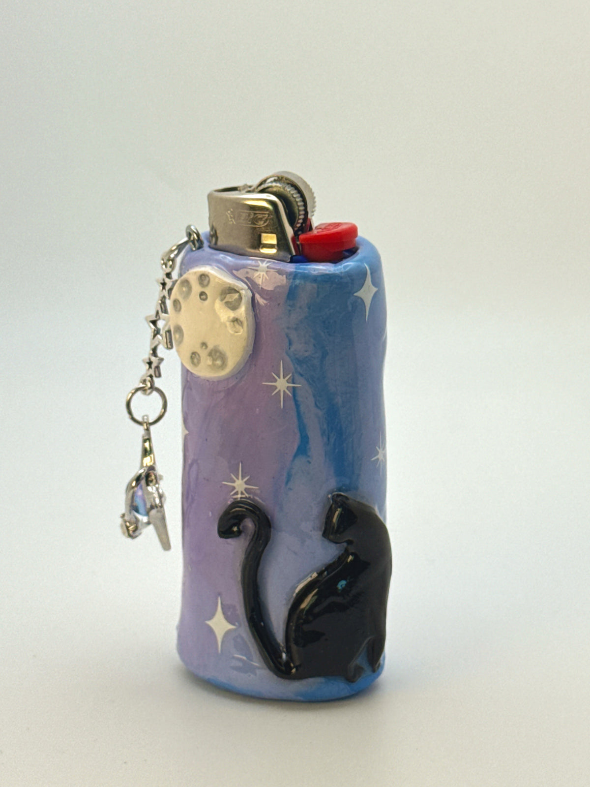 Black Cat Case with charm| Fits Standard Bic | Handmade Polymer Clay Art