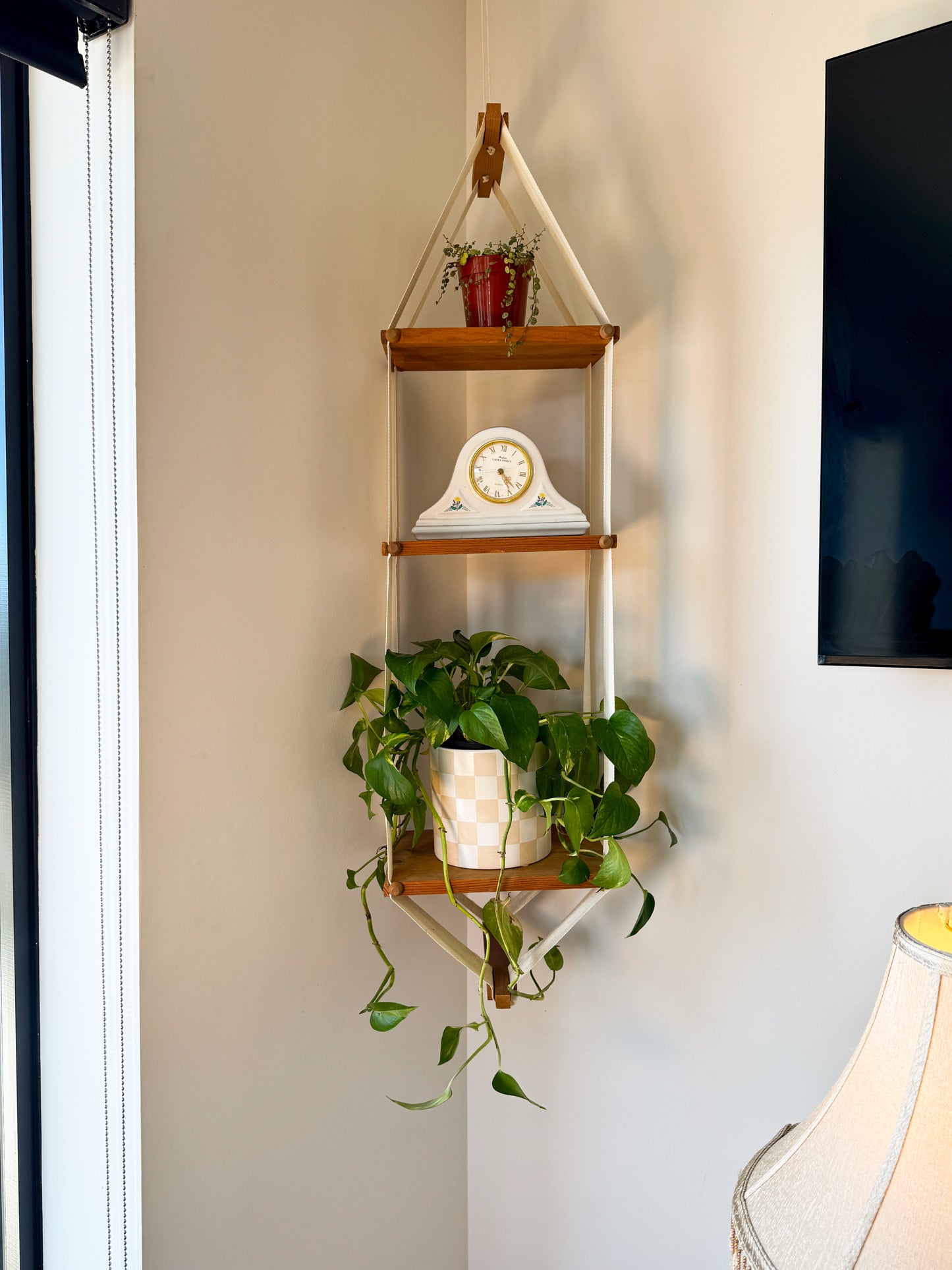 Vintage MCM Floating Canvas Hanging Shelf - Boho Hanging Plant Stand - 55" Tall