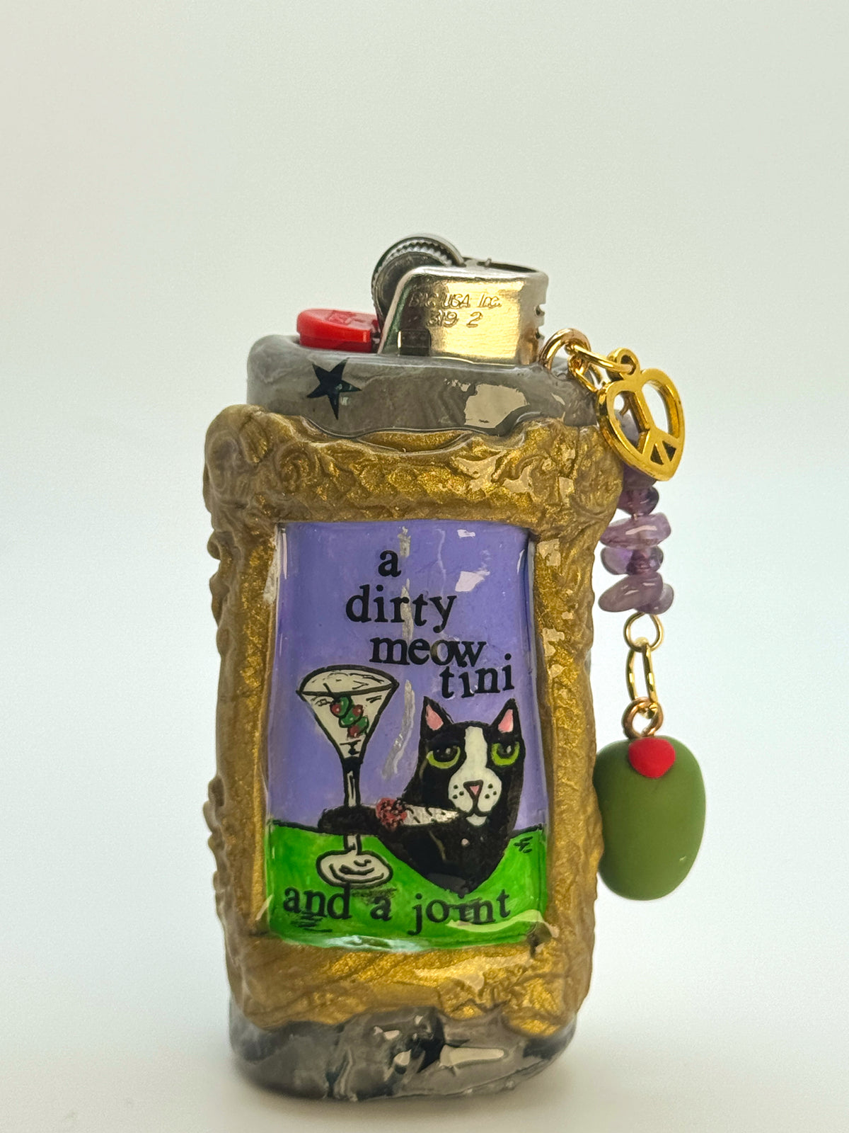 Vintage Frame Martini Kitty Case with charm| Fits Standard Bic | Handmade Polymer Clay Art