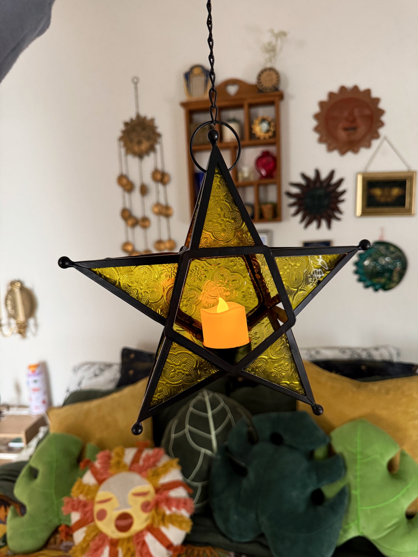 Set of 2 Moravian Star Hanging Candle Lanterns – Amber & Yellow Glass