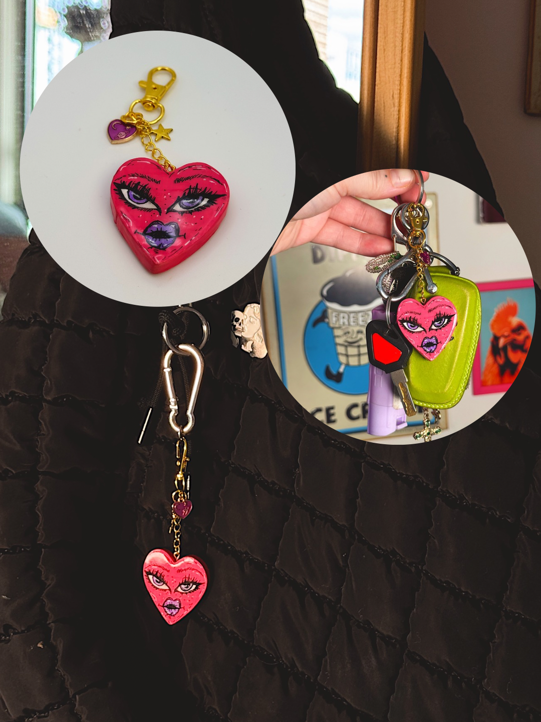 Heart Face Bag Charm – Hand-Painted Heart Keychain with Gold Charms