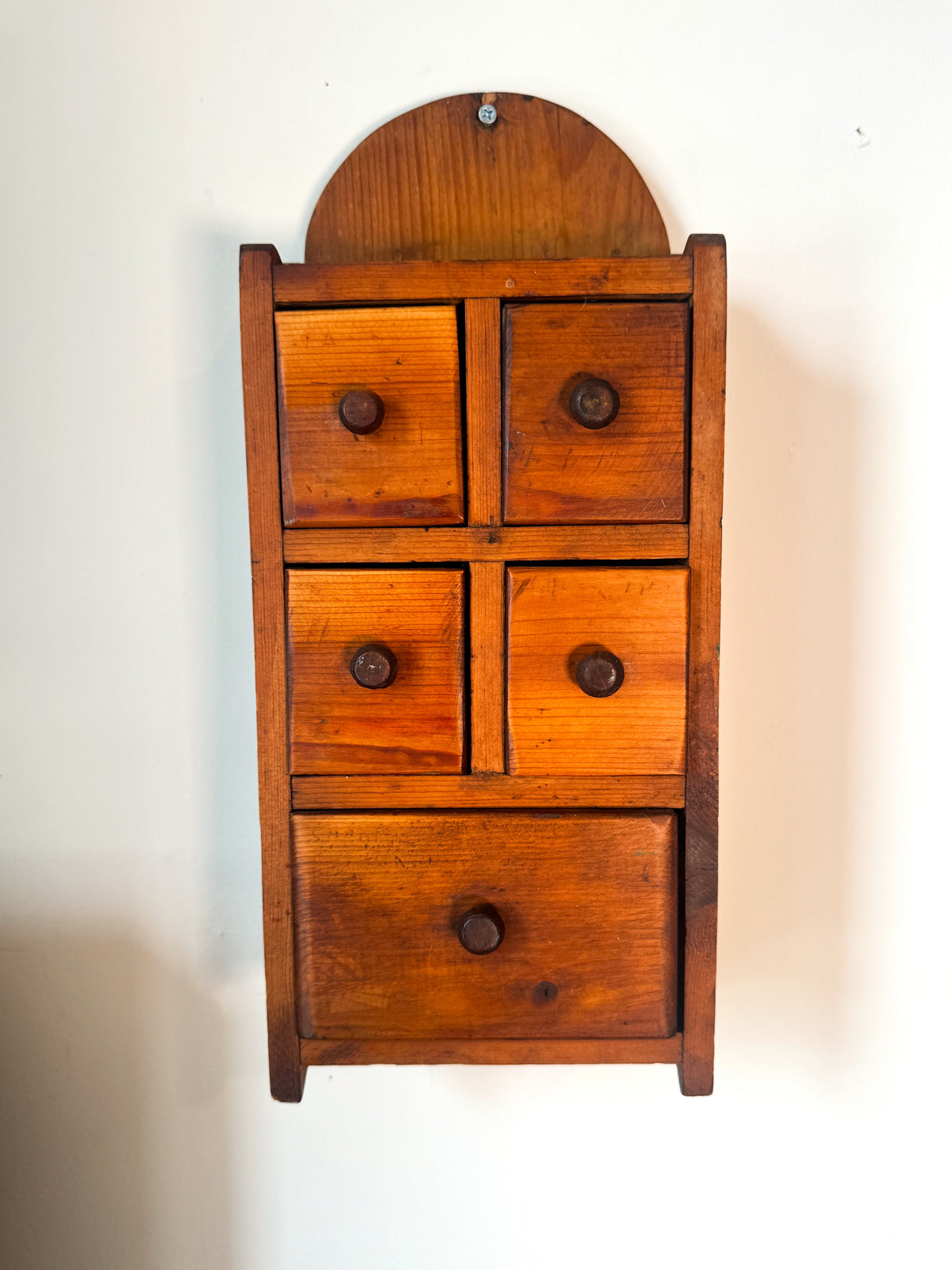 Vintage Handmade Pine Wall Spice Cabinet – 5 Drawer Apothecary