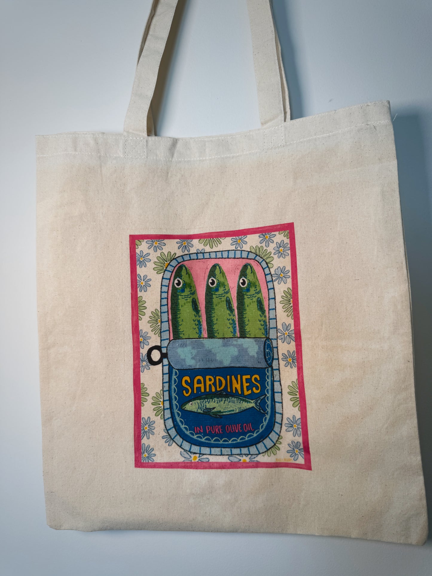 Sardines in Olive Oil Hand-Pressed Tote Bag | 15x16 Natural Cotton