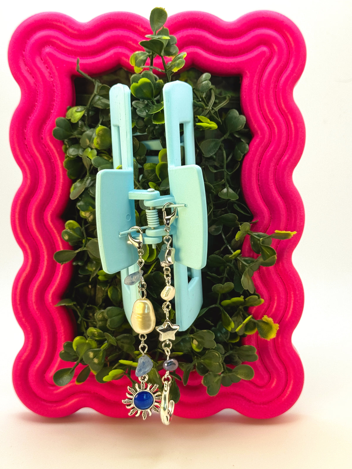 Light Blue Large Claw Clip with Handmade Beaded Charms | Removable Charm Clip | 4.1”