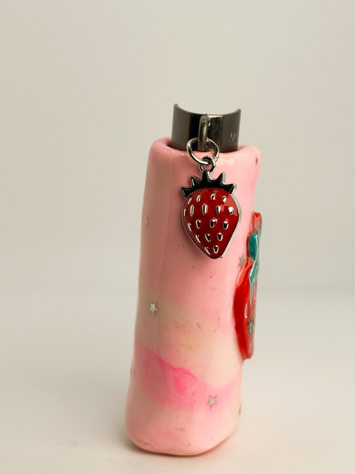 Sweet Strawberry Lighter Case w/ Charm | Fits Standard Bic | Handmade Polymer Clay Art