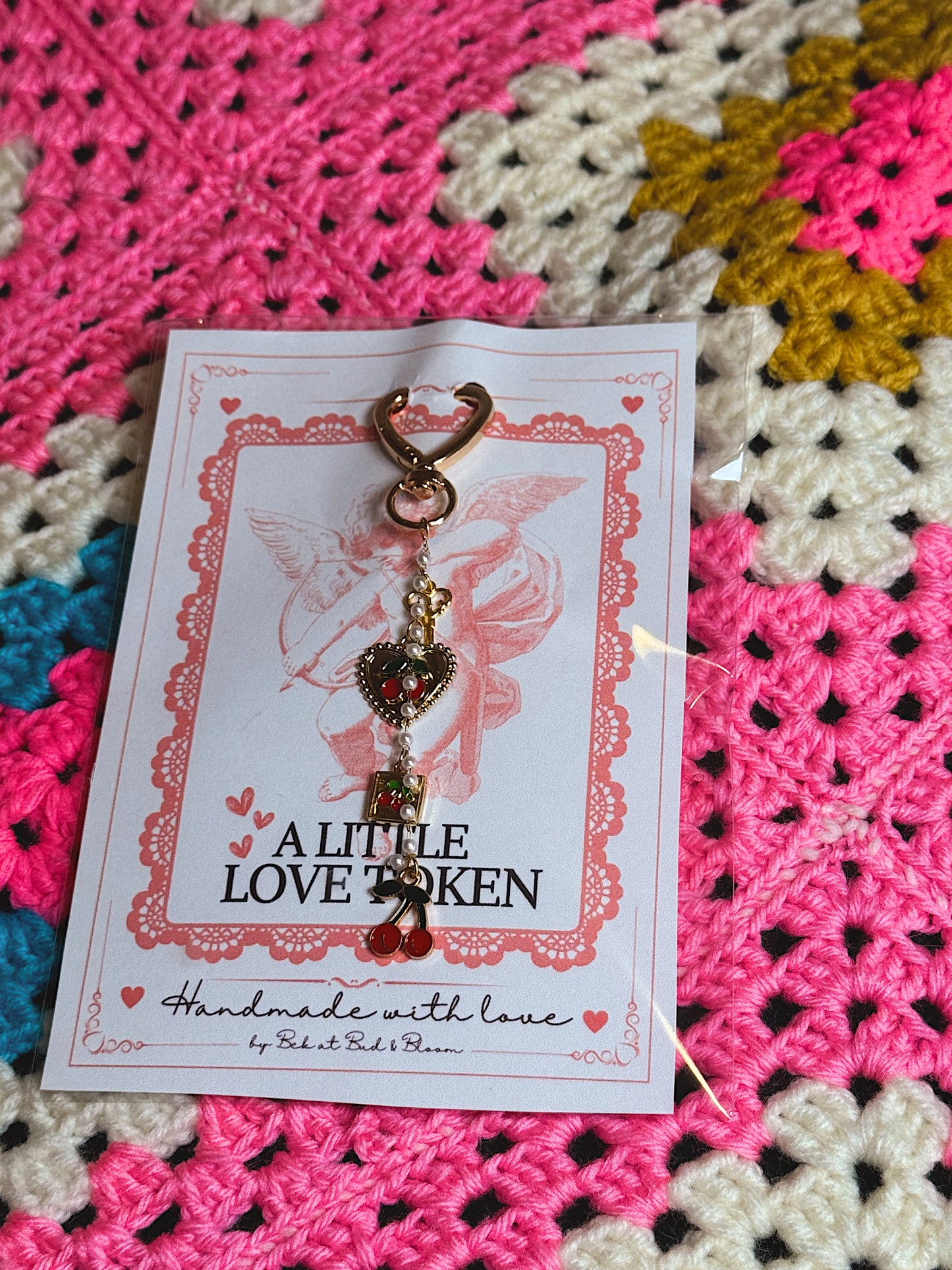 Cherry Heart Bag Charm with Gold Heart Clip & Pearl Chain
