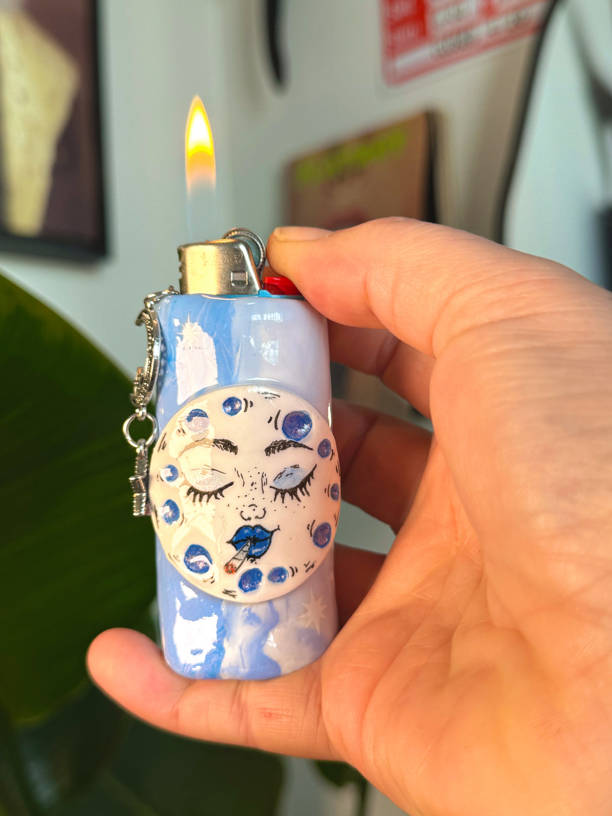 Smoking Moon Case with charm| Fits Standard Bic | Handmade Polymer Clay Art