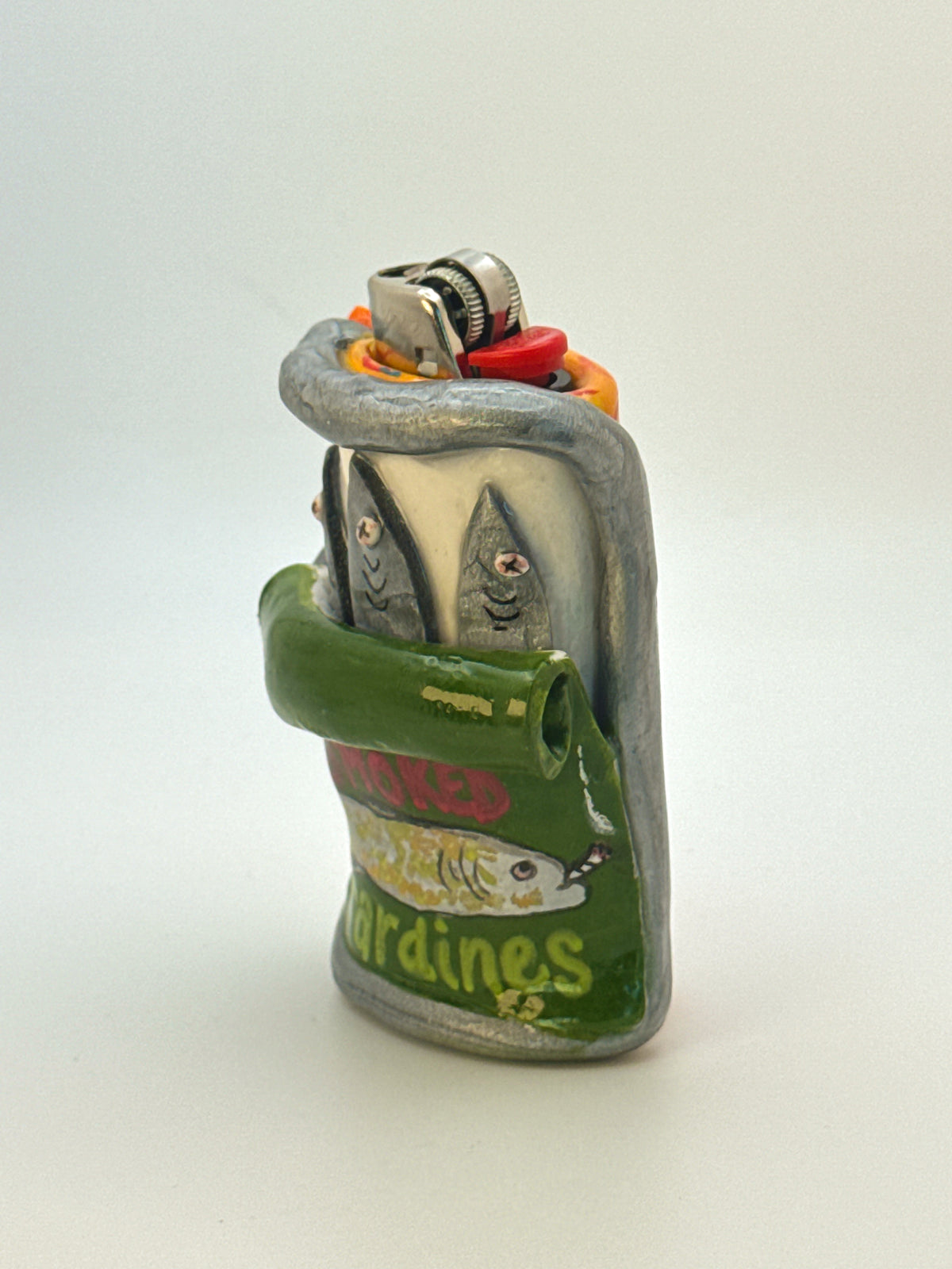 Smoked Sardines Tin Case with charm| Fits Standard Bic | Handmade Polymer Clay Art