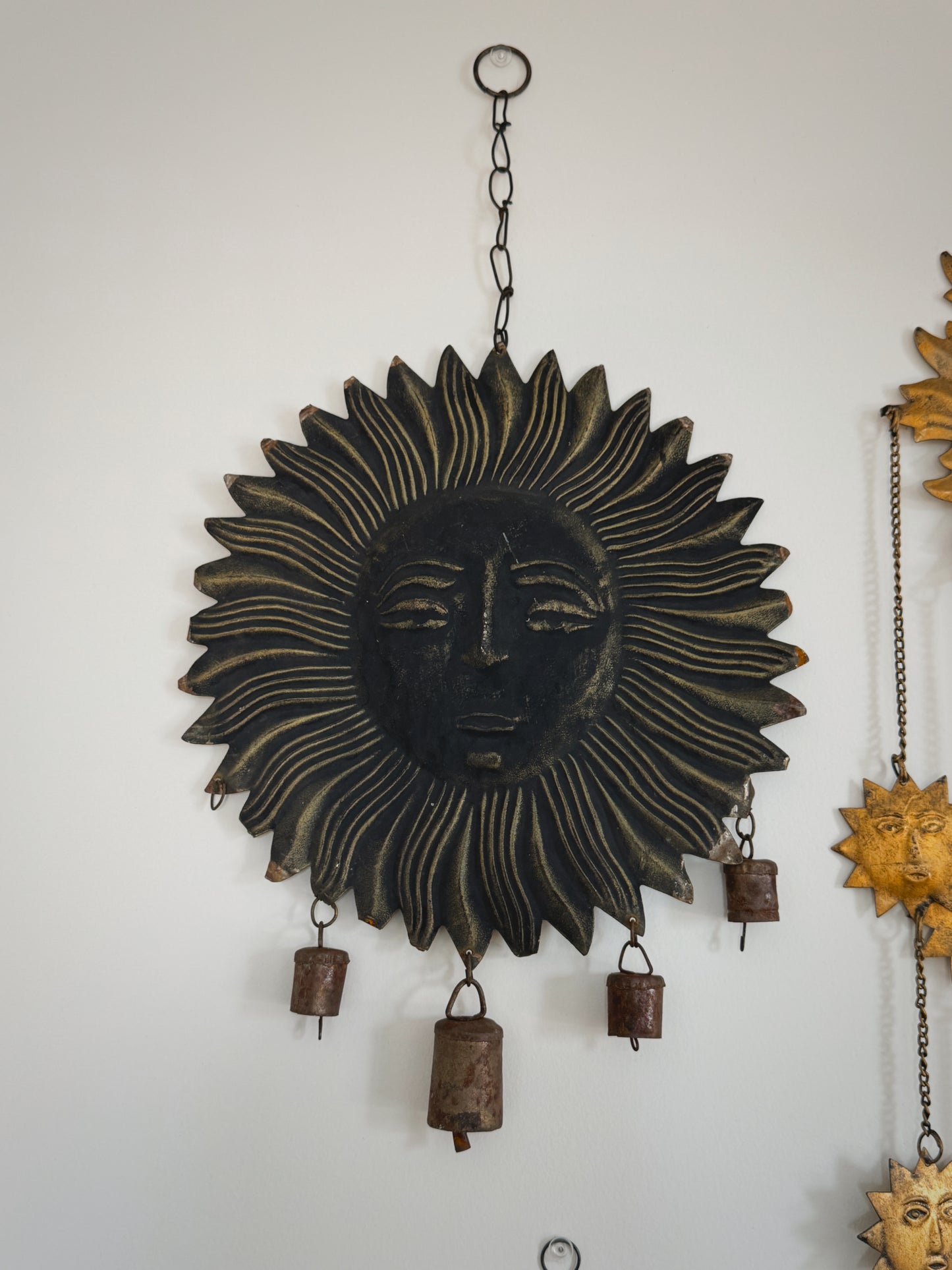 Vintage 21” Metal Sun Face Wall Hanging – Rustic Celestial Bell Chime