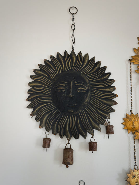 Vintage 21” Metal Sun Face Wall Hanging – Rustic Celestial Bell Chime
