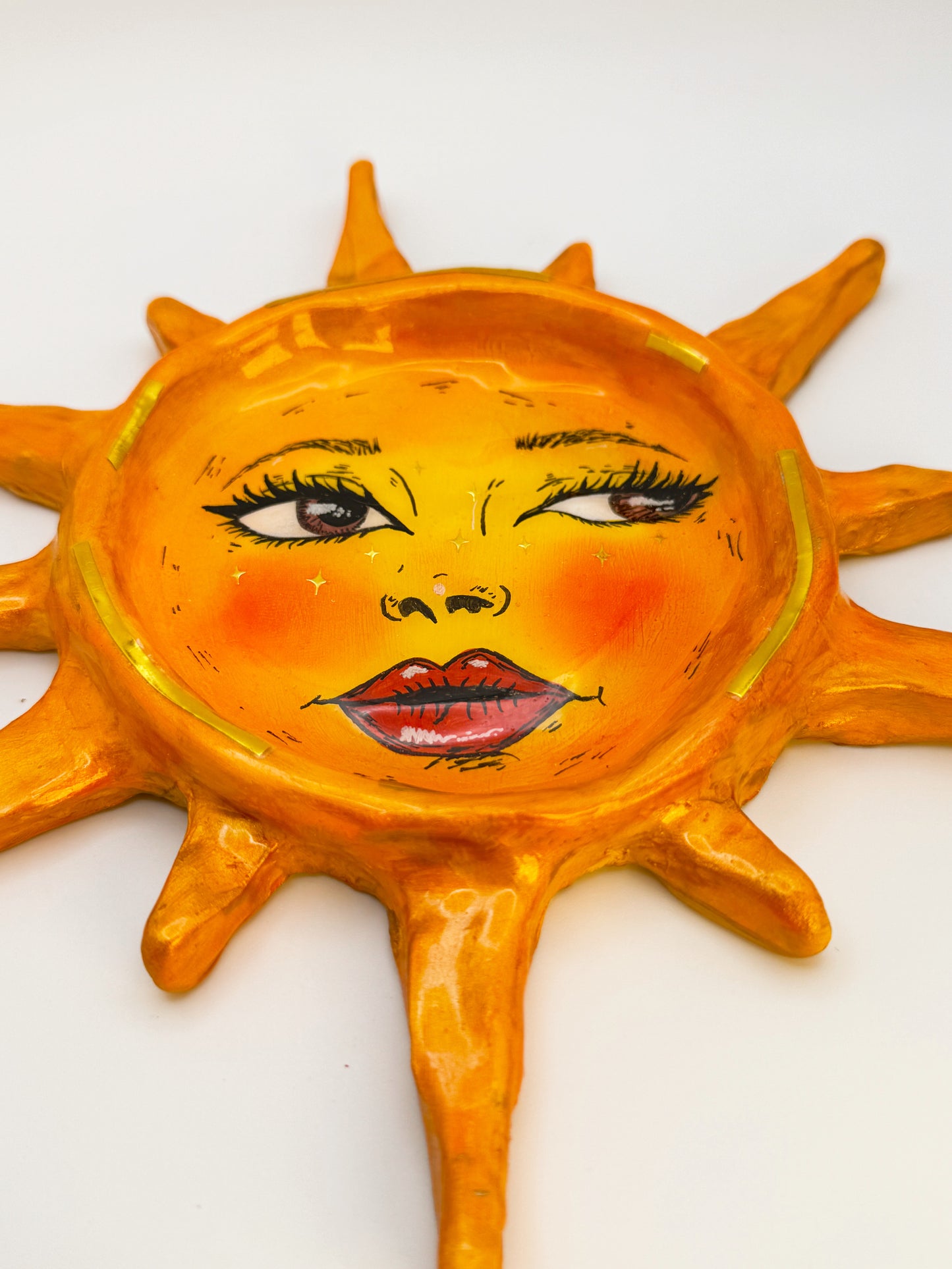 Handmade Sun Face Trinket Dish – 8” Polymer Clay Celestial Sun Tray – Hand Painted Statement Dish