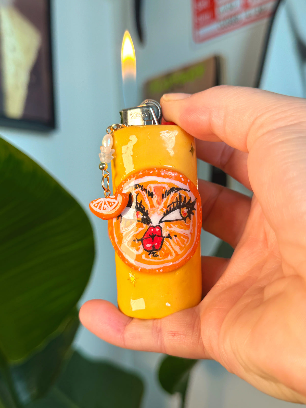 Sassy Orange Case with charm| Fits Standard Bic | Handmade Polymer Clay Art