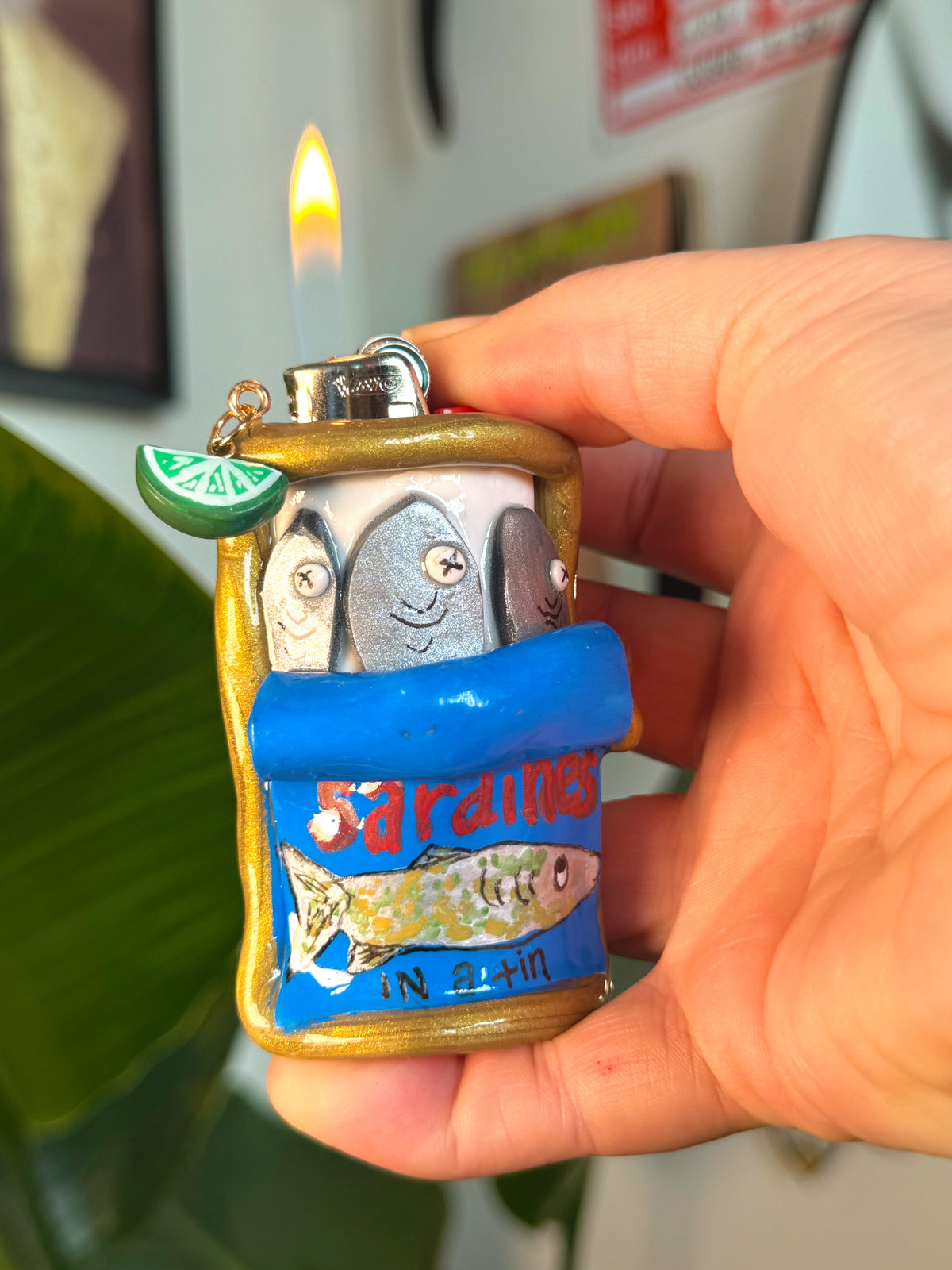 Sardines Tin Case with charm| Fits Standard Bic | Handmade Polymer Clay Art