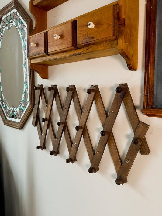 Vintage Wooden Accordion Wall Rack | Expandable Peg Hook