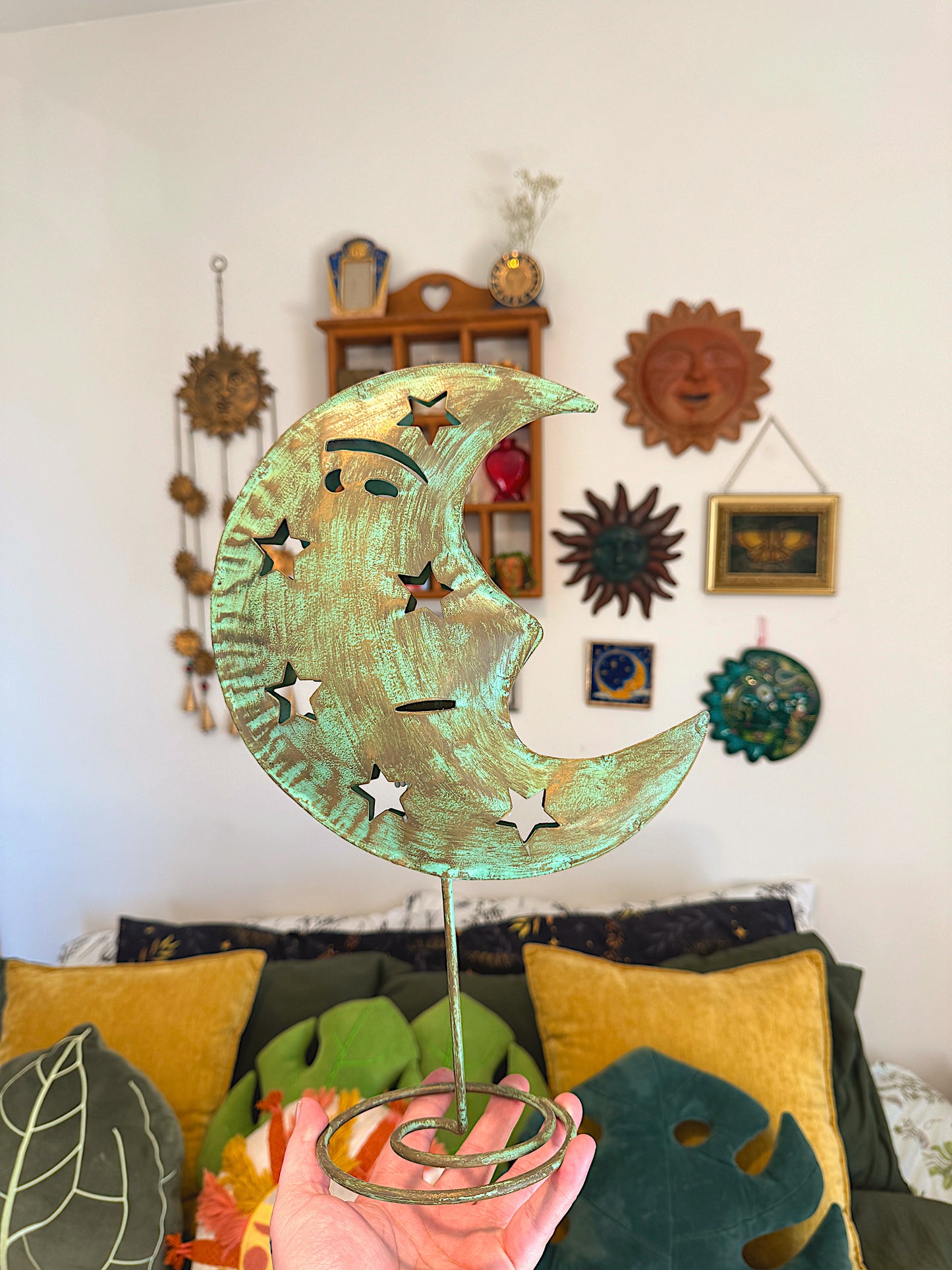 Celestial Boho Moon Face Candle Holder, 14" Tall Freestanding Metal Art