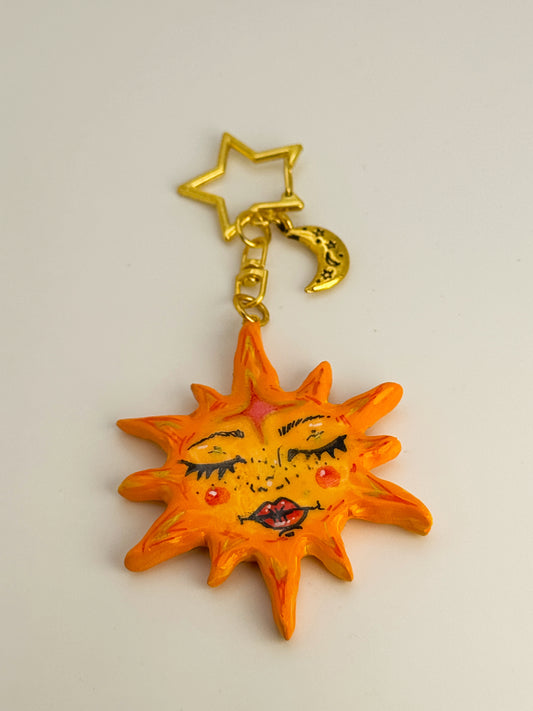 Miss Sunny Keychain – Polymer Clay Bag Charm – Hand Painted Celestial Moon Charm