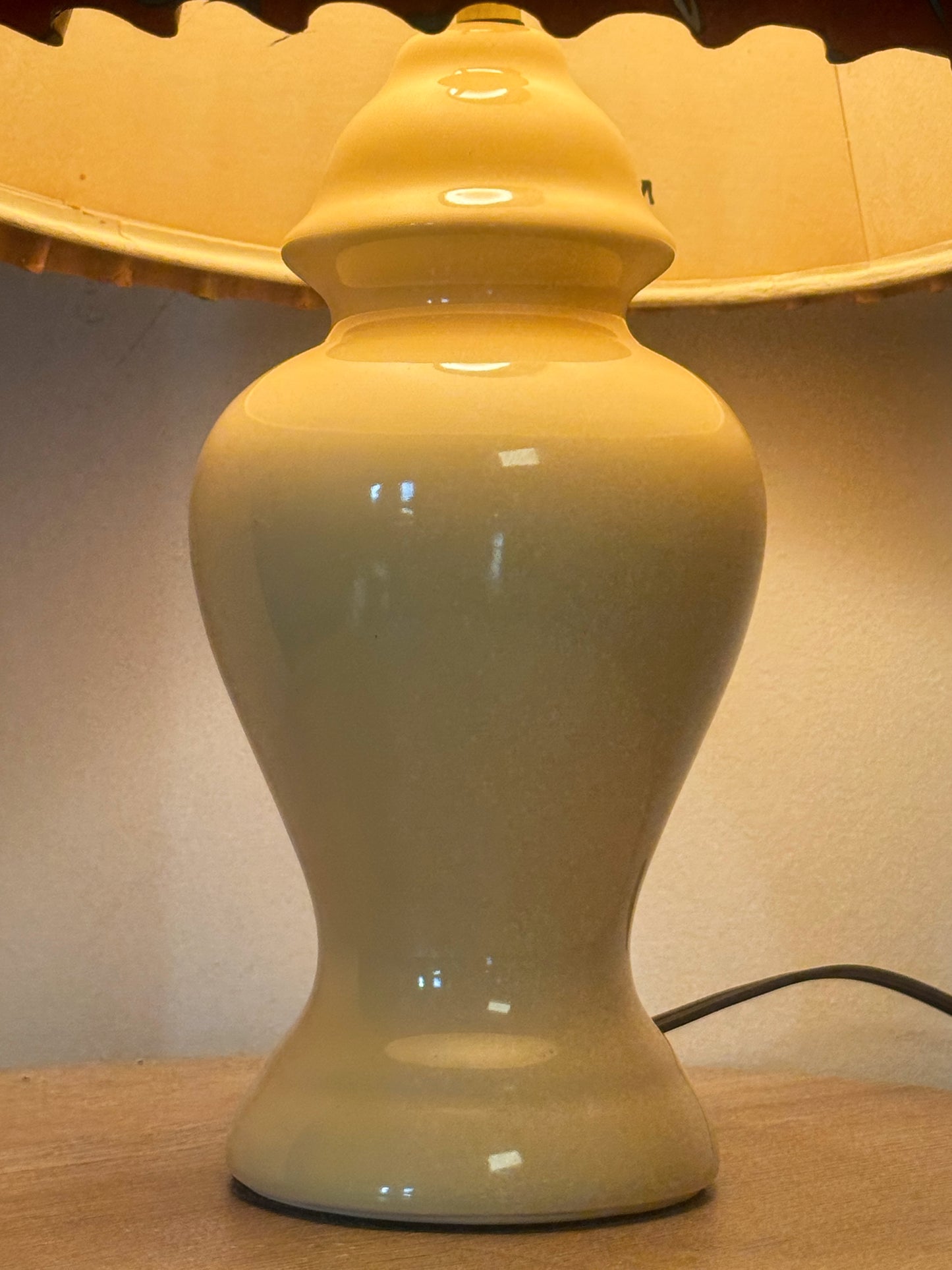 Vintage Ceramic Table Lamp with Signed Pleated Shade – Buttery Yellow + Red – 16.5”