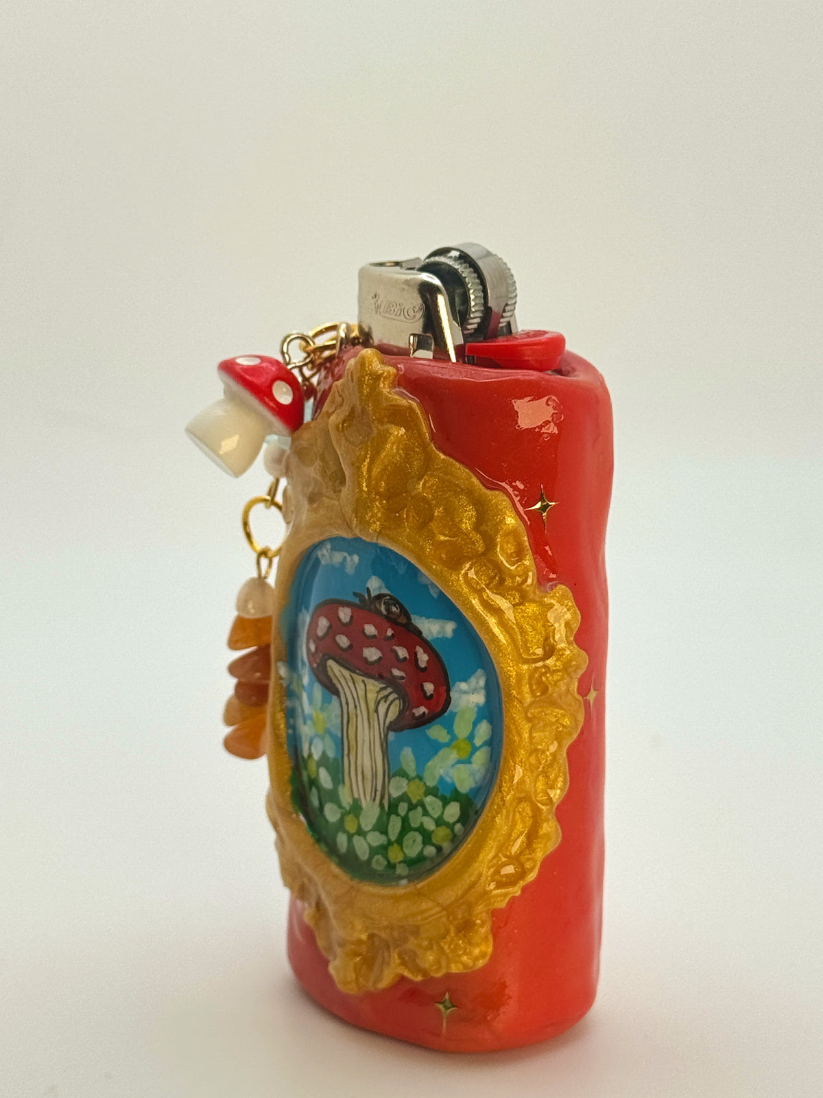 Vintage Frame Snail On A Mushroom Case with charm| Fits Standard Bic | Handmade Polymer Clay Art