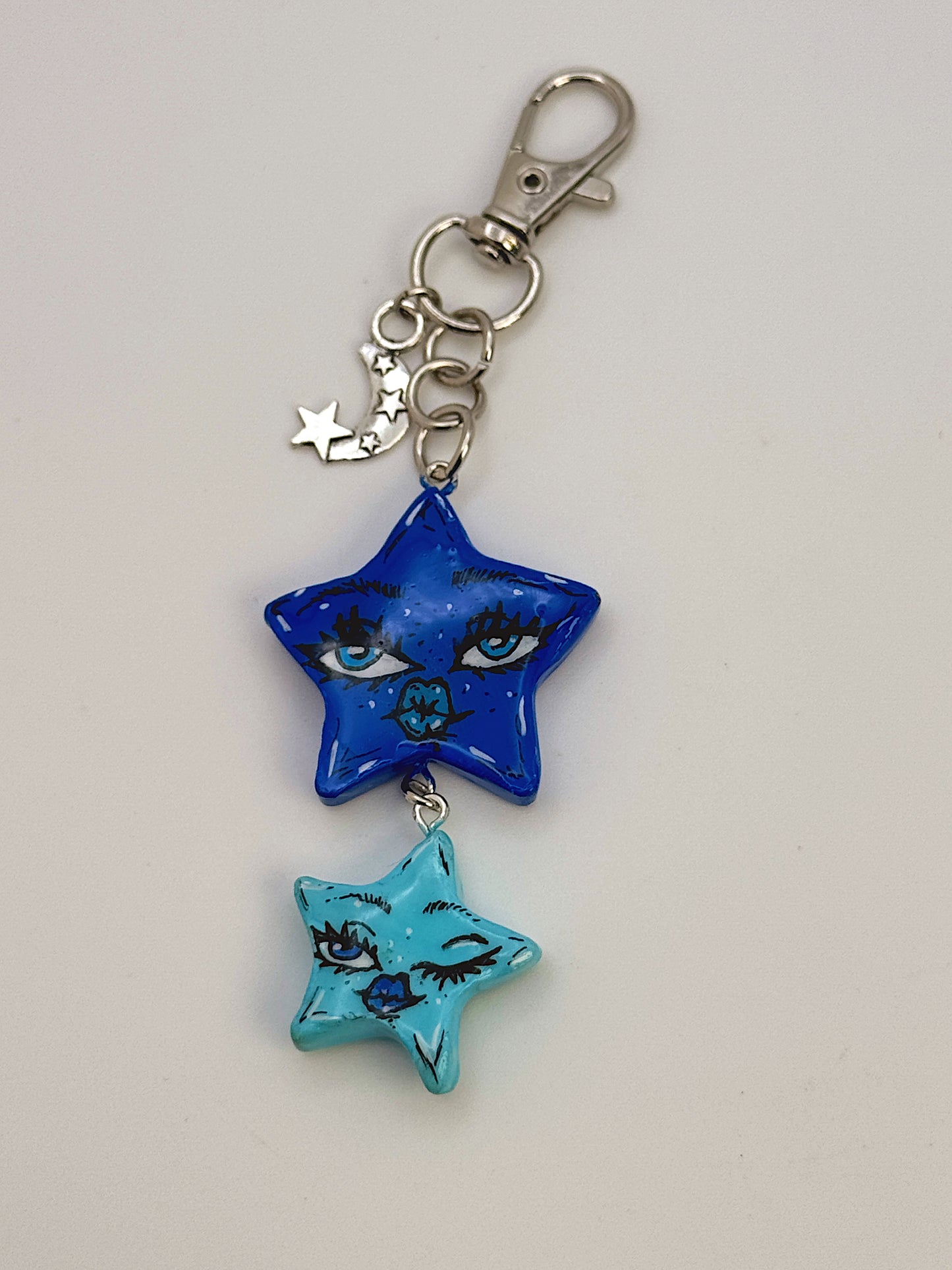 Double Star Celestial Face Keychain – Handmade Star Bag Charm