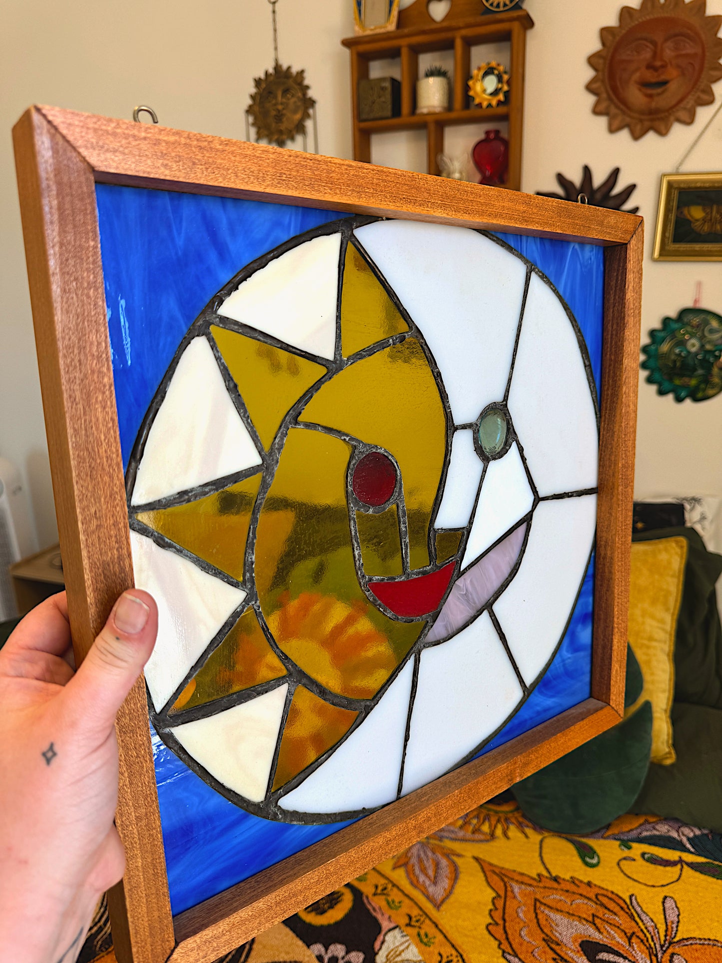 Vintage 15" Celestial Sun and Moon Stained Glass Window Panel - Heavy Leaded Glass