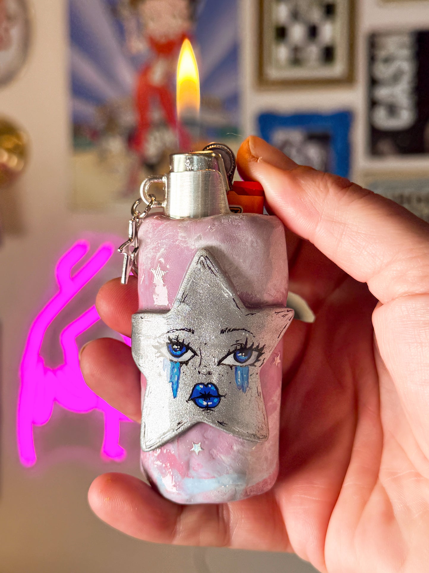 Sad Girl Star Lighter Case w/ Charm | Fits Standard Bic | Handmade Polymer Clay Art