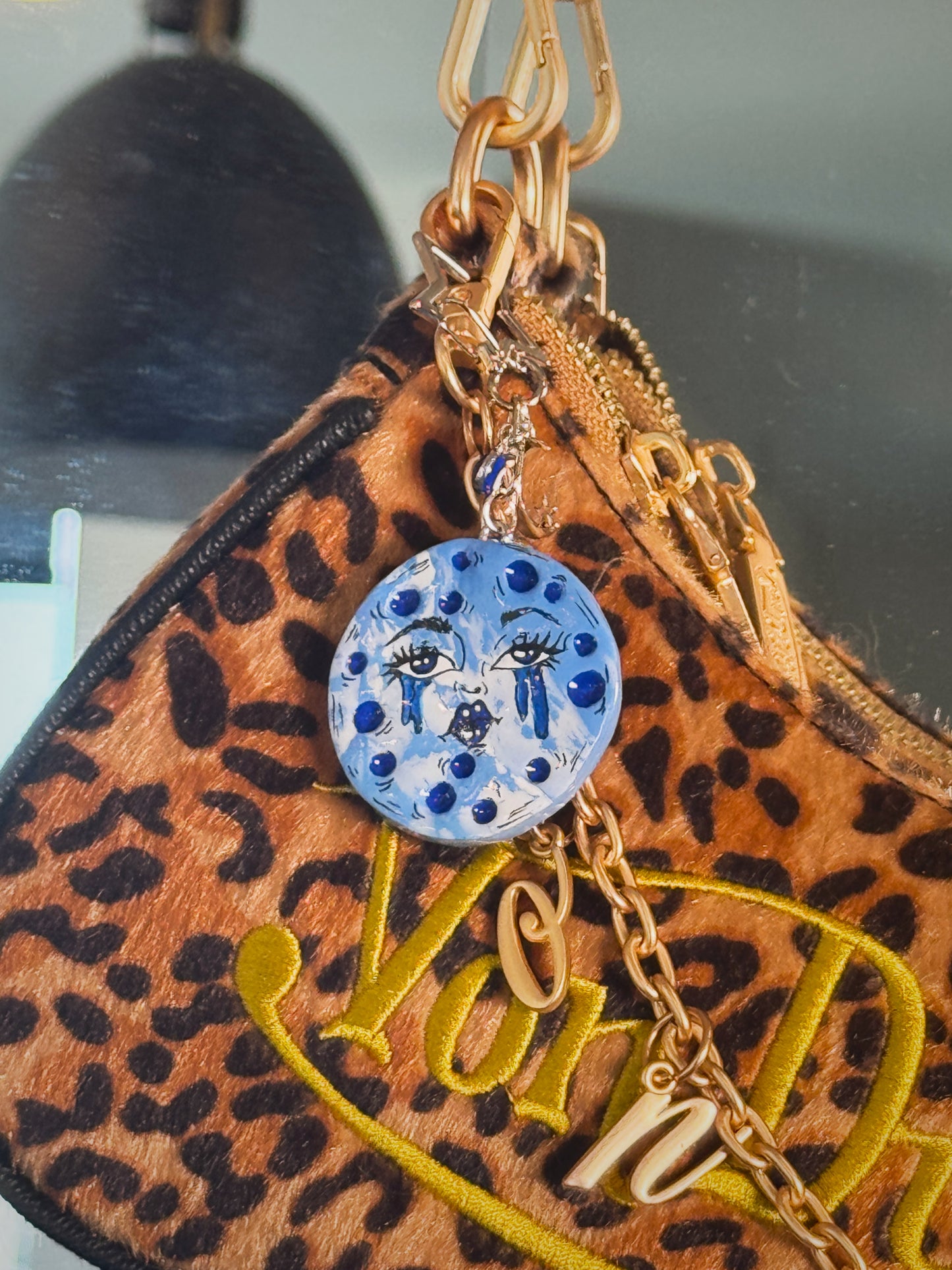 Sad Girl Moon Keychain – Handmade Polymer Clay Bag Charm