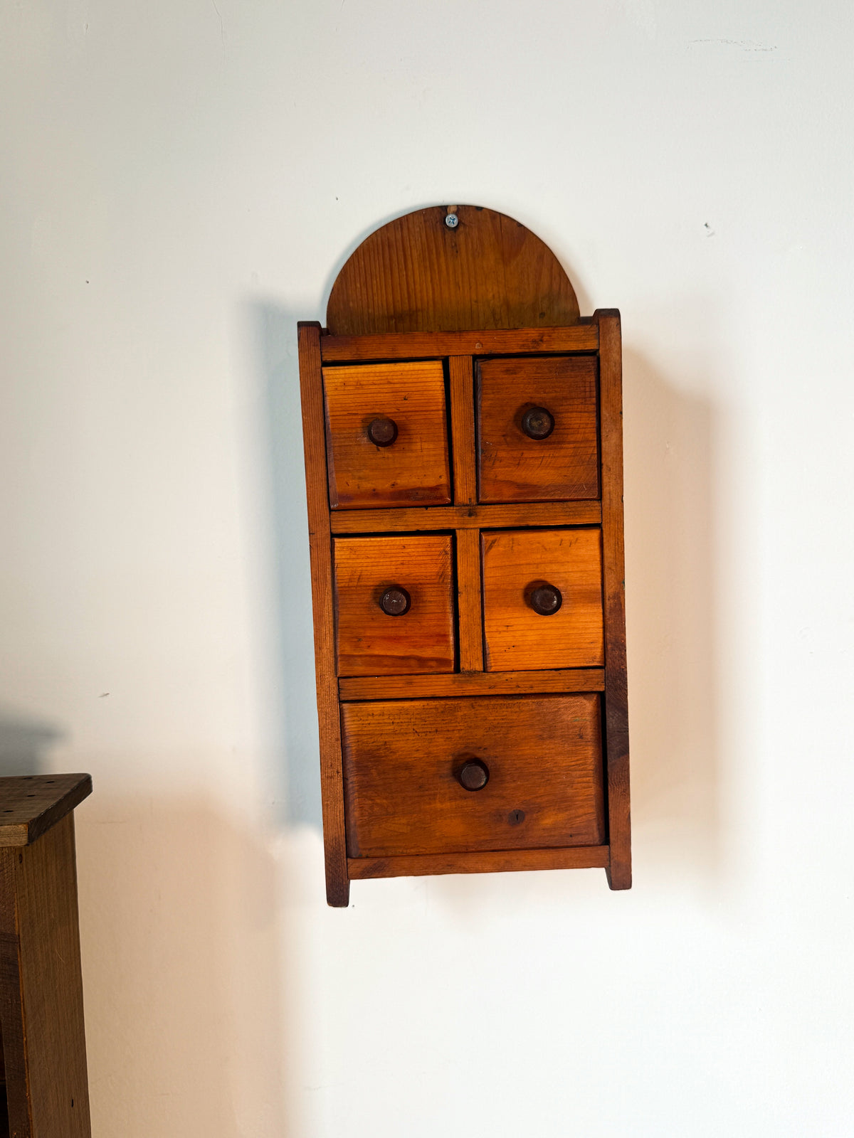 Vintage Handmade Pine Wall Spice Cabinet – 5 Drawer Apothecary