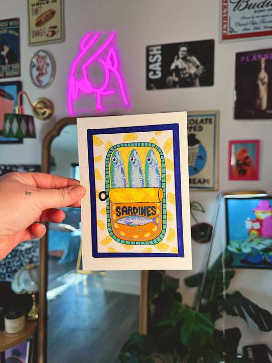 Sardines in Lemon 5x7 Art Print – Whimsical Kitchen & Bar Wall Decor (Unframed)