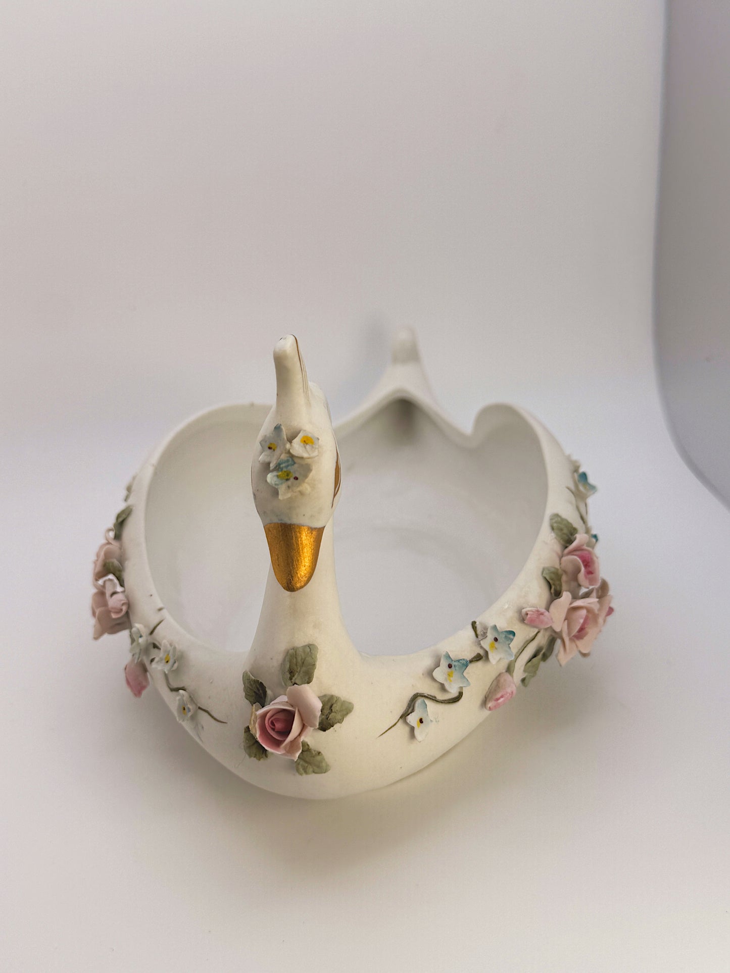 Vintage Hand-Painted Swan Jewelry Dish with Floral Details