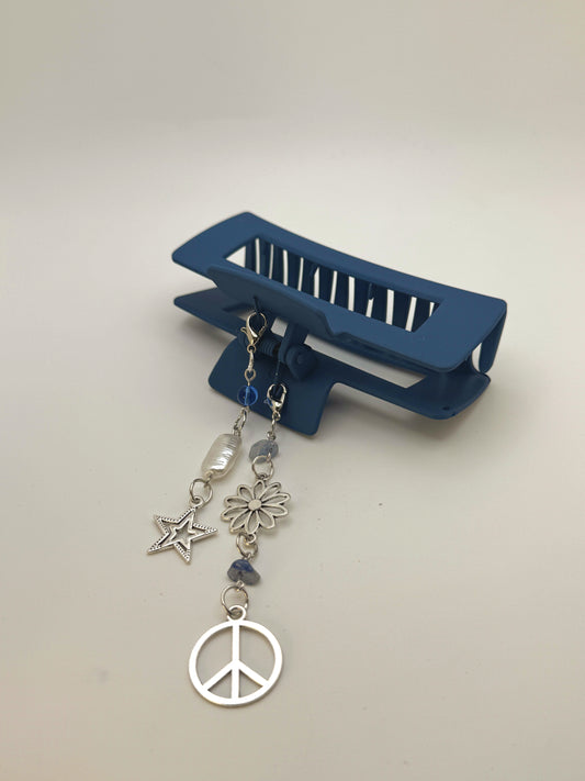Blue Large Claw Clip with Handmade Beaded Charms | Removable Charm Clip | 4.1”