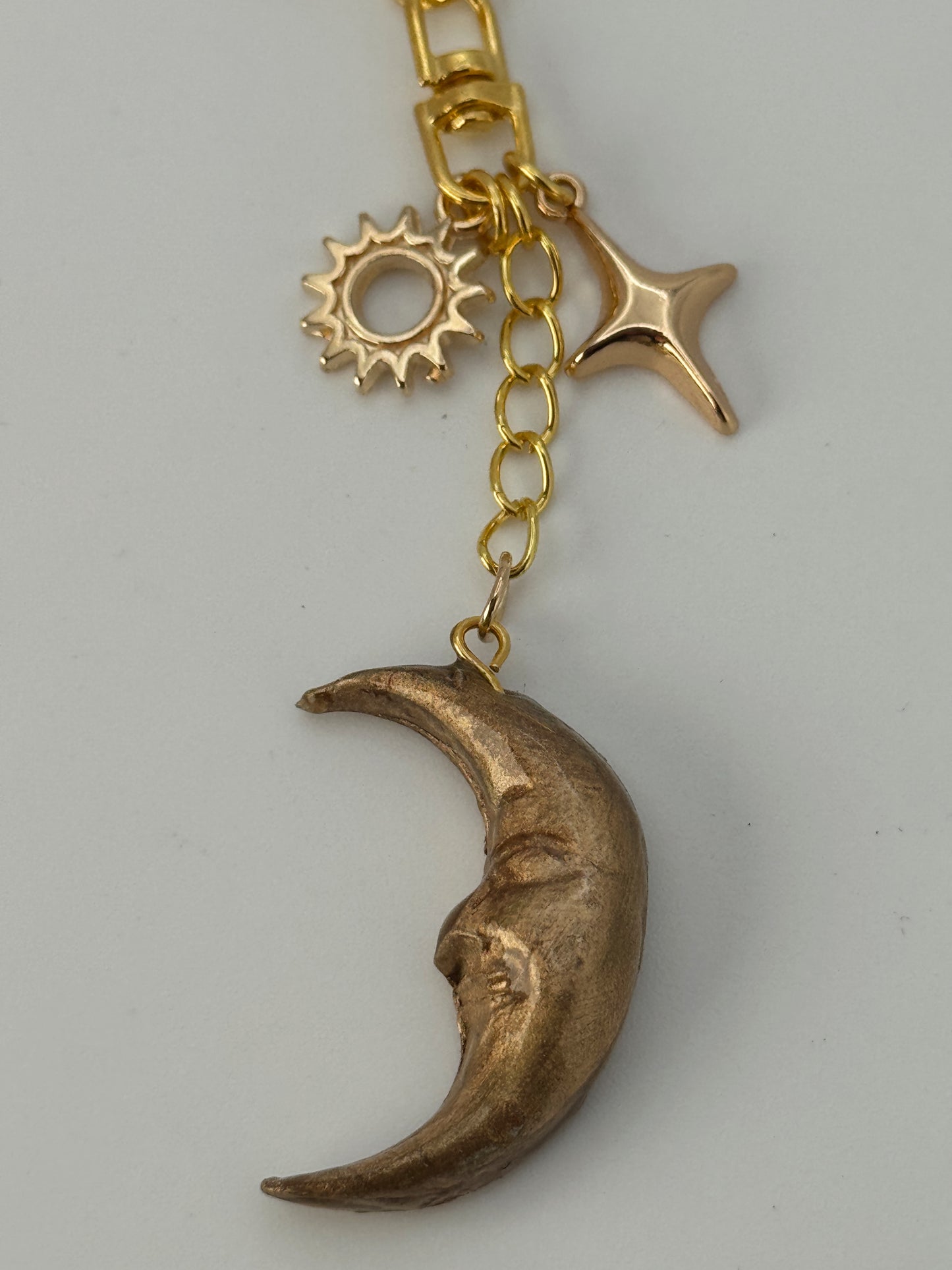 Celestial Crescent Moon Bag Charm – Gold Sun & Star Keychain – Handmade Polymer Clay Statement Charm