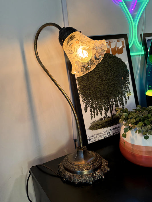 Vintage Brass Gooseneck Boudoir Lamp w/ Etched Glass Shade – 19”