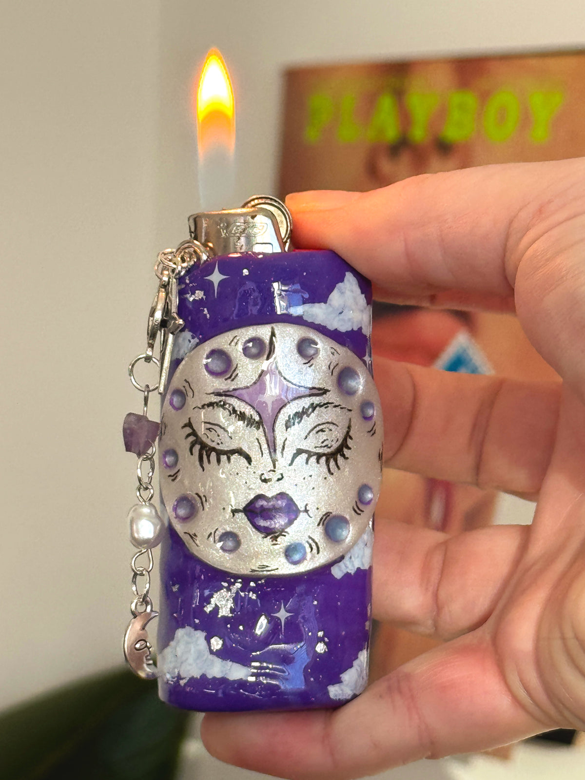 Whimsical Moon Case with charm| Fits Standard Bic | Handmade Polymer Clay Art