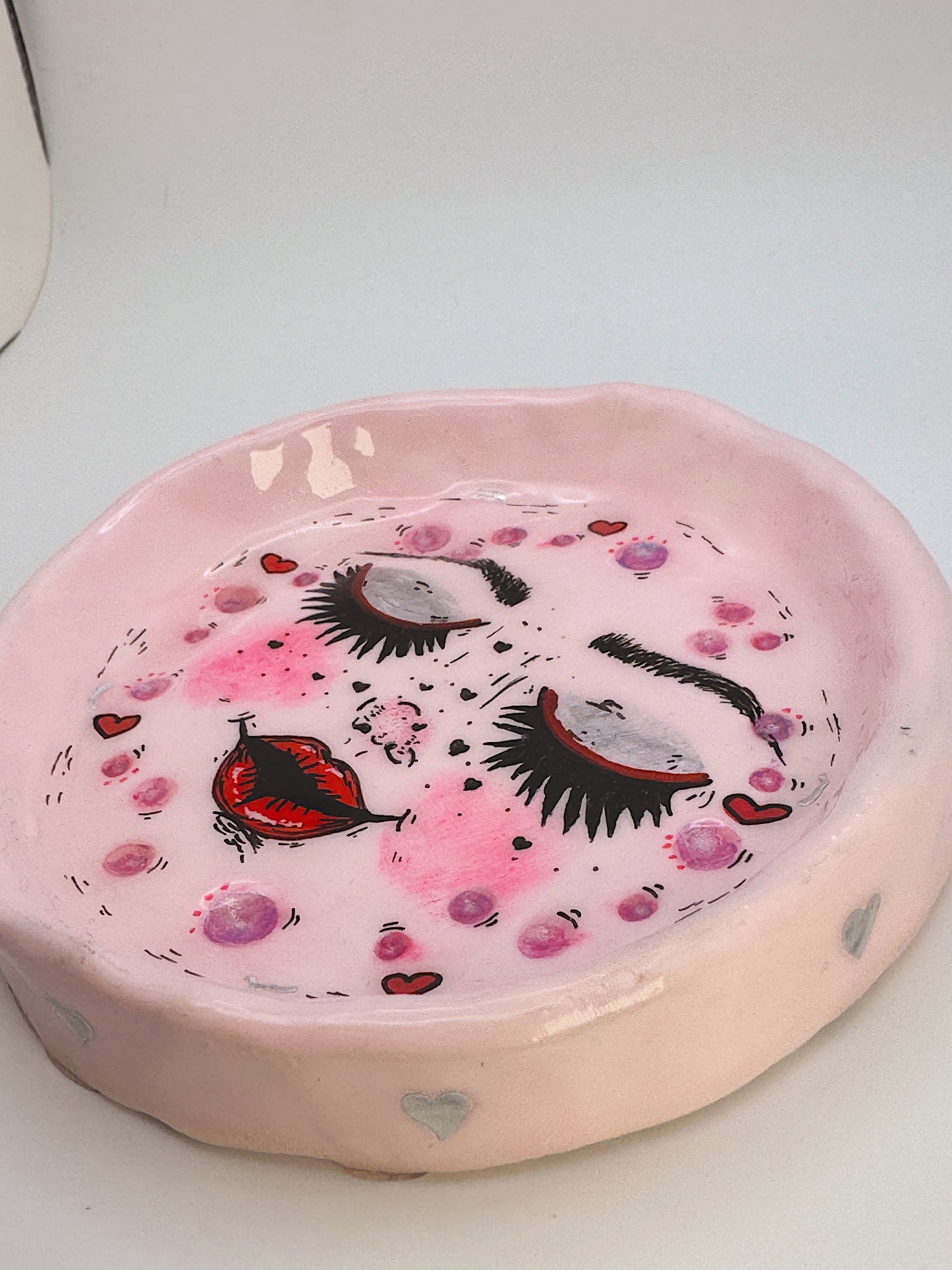 Blushing Moon Trinket Dish – Handmade Polymer Clay Pink Moon Dish with Heart Freckles