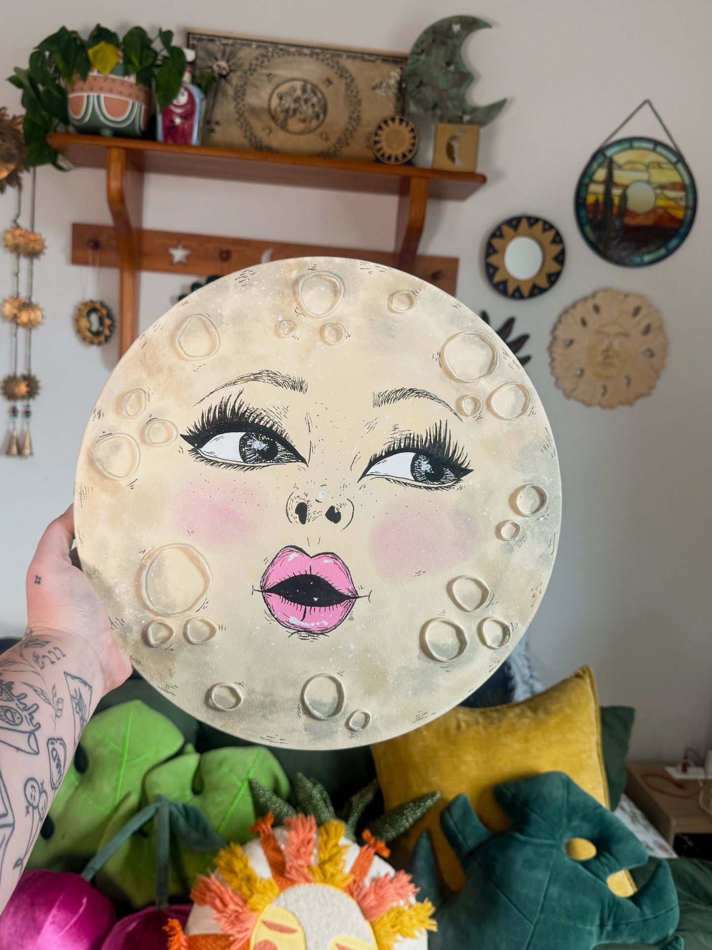 Miss Moon – Hand-Painted Moon Face Wall Art (14” Textured Canvas)