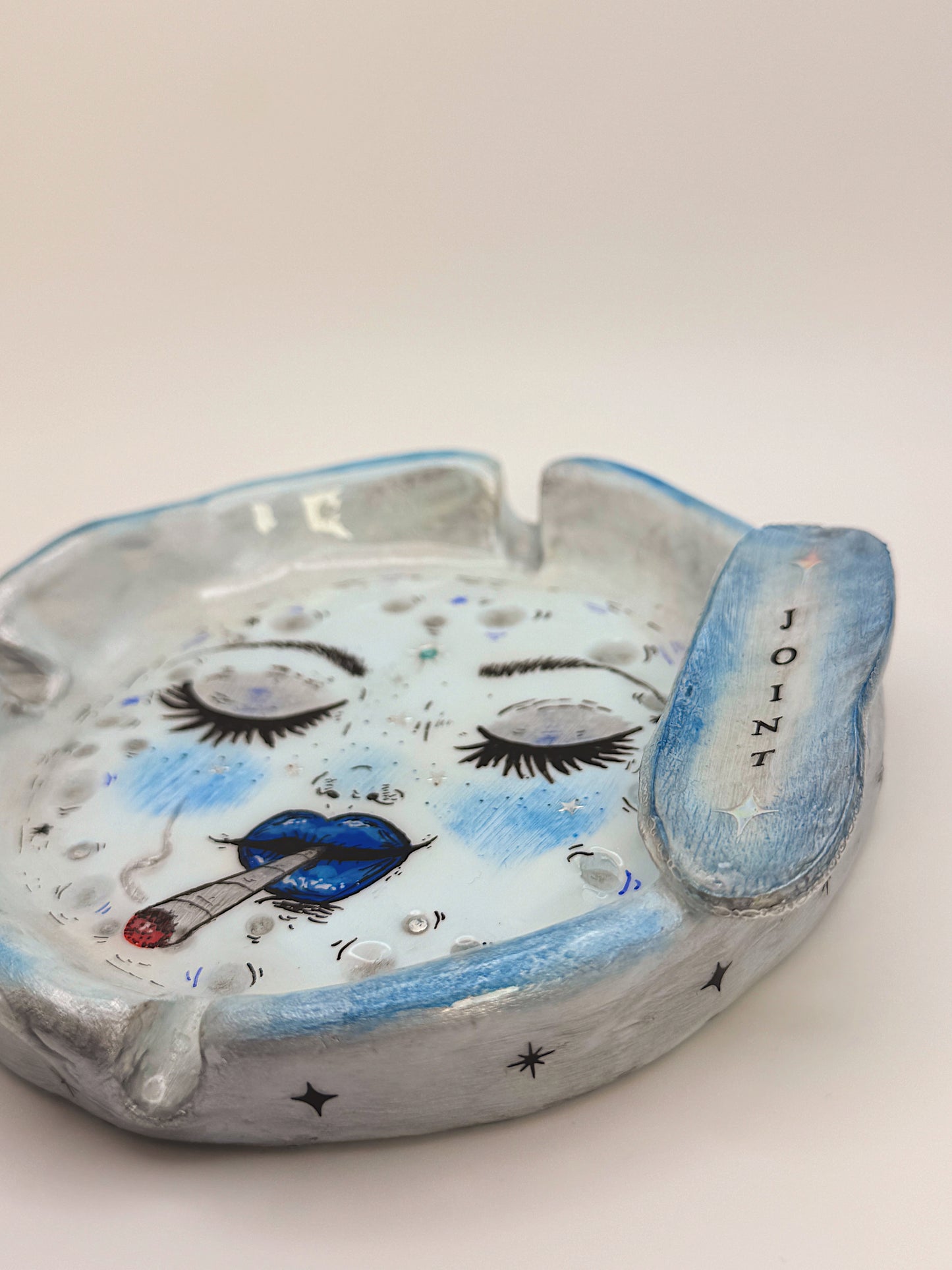 Blue Smoking Moon Ashtray – Hand-Painted Celestial Moon Dish (5.5”)