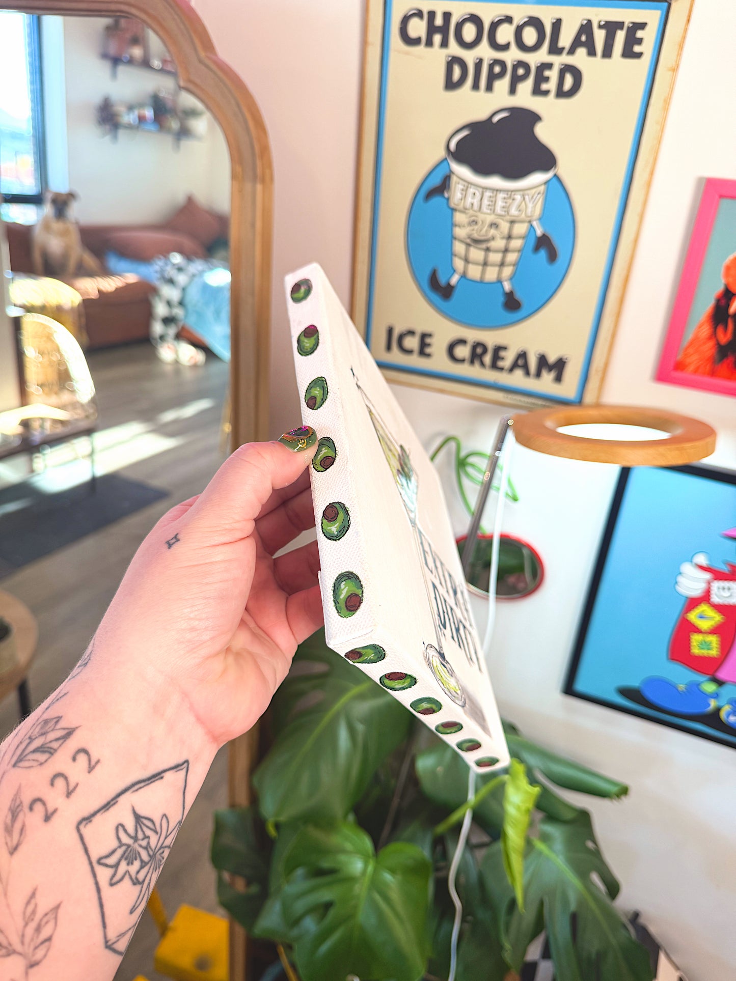 “Extra Dirty” Martini Canvas – 8x8 Hand-Painted Art with Resin Glossy Olives