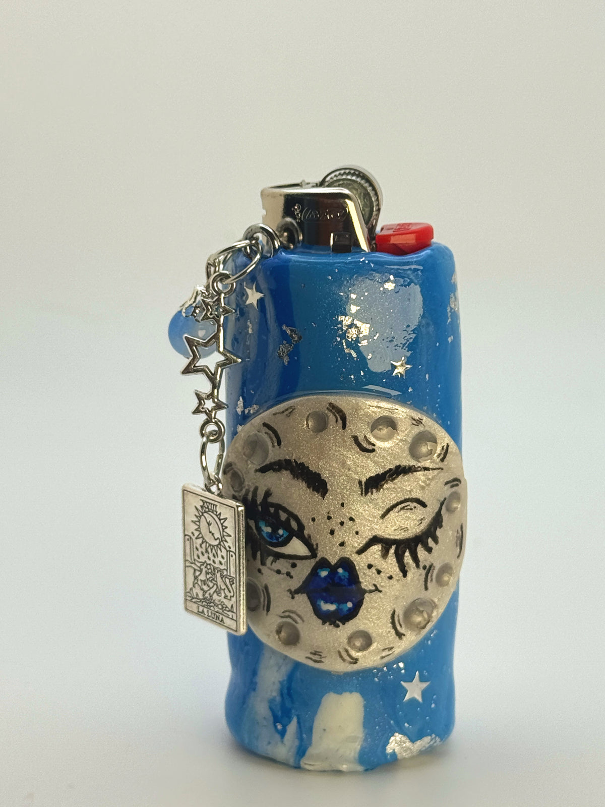 Winking Moon Case with charm| Fits Standard Bic | Handmade Polymer Clay Art