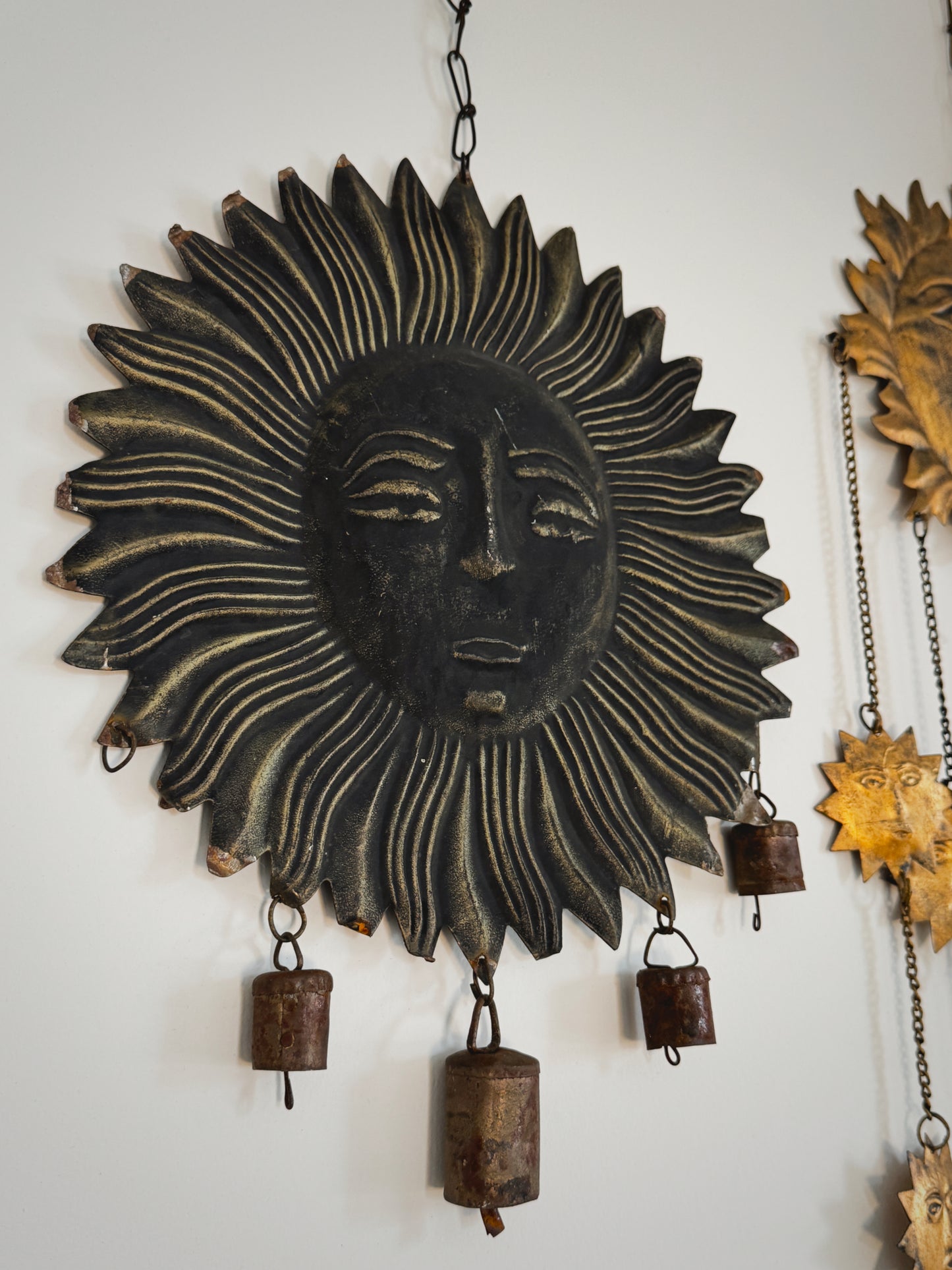 Vintage 21” Metal Sun Face Wall Hanging – Rustic Celestial Bell Chime