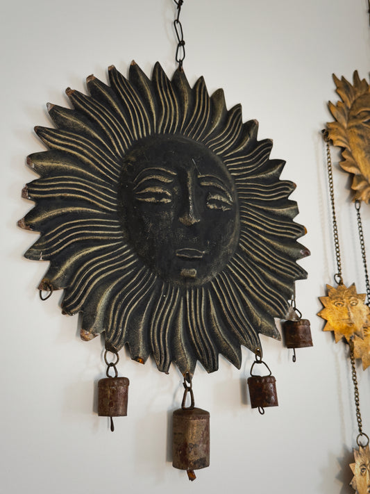 Vintage 21” Metal Sun Face Wall Hanging – Rustic Celestial Bell Chime
