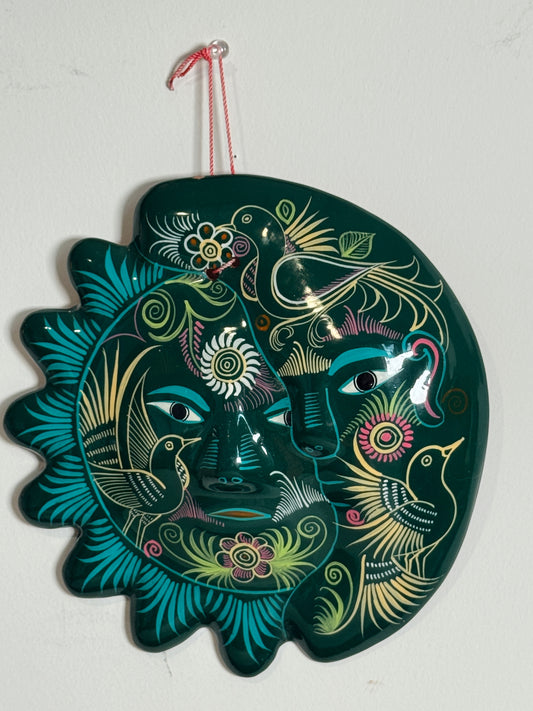 Vintage Sun & Moon Wall Hanging – Green Celestial Folk Art Decor 9”